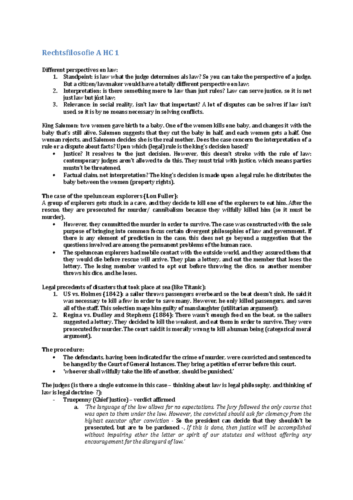 Philosophy of Law Lecture Notes A HC 1: Key Concepts & Cases - Studeersnel