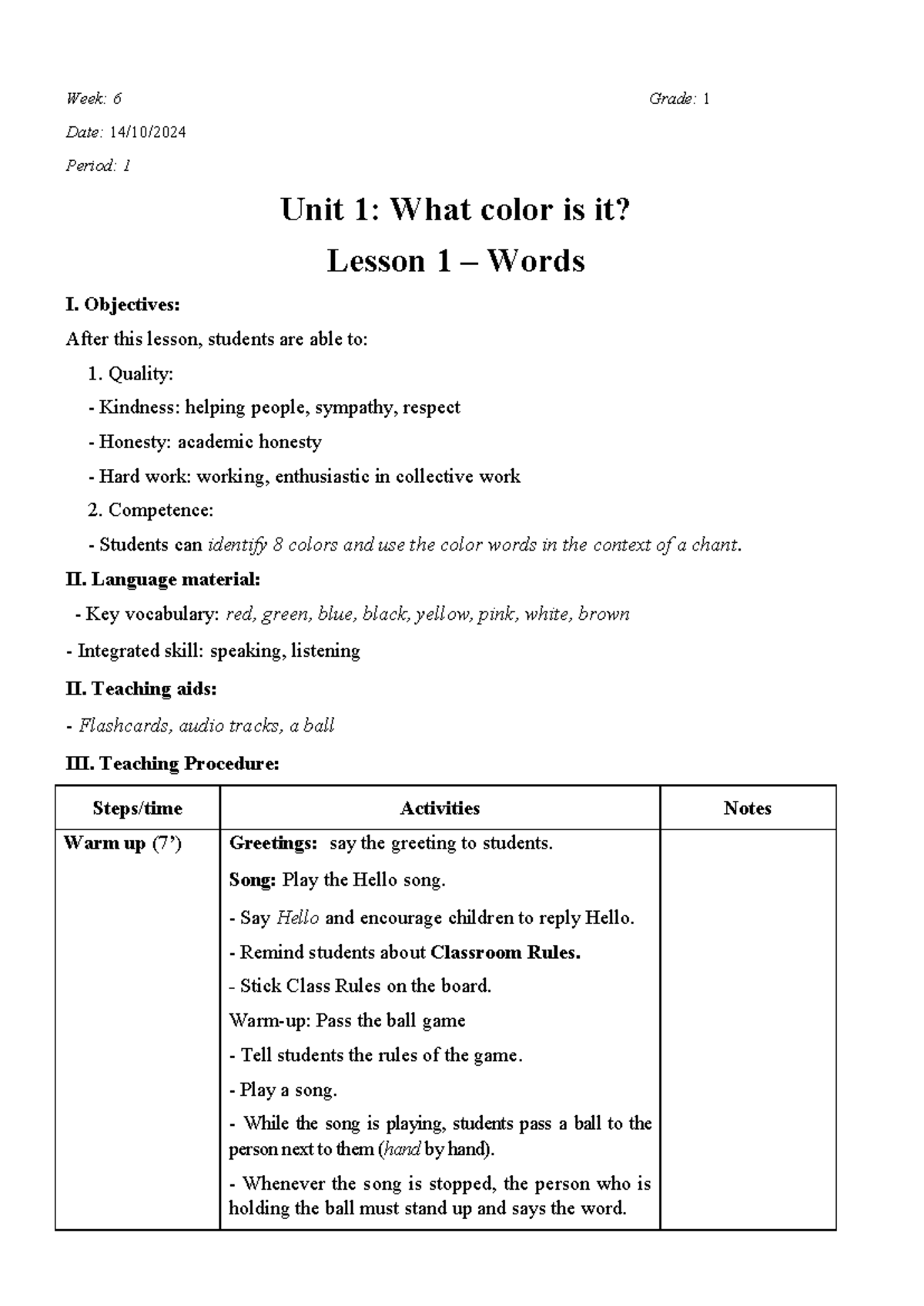 Giáo án - Màu sắc - Unit 1 Grade 1 Lesson Plan - Studocu