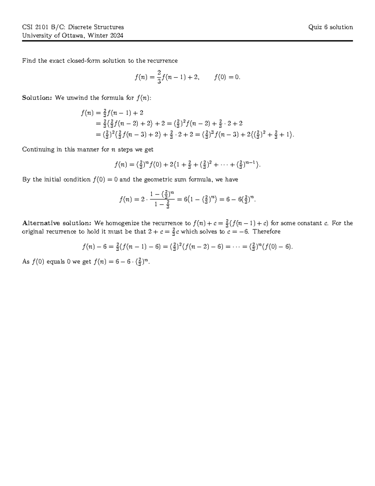 CSI 2101 Discrete Structures - Winter 2024 Quiz 6 Solutions - Studocu