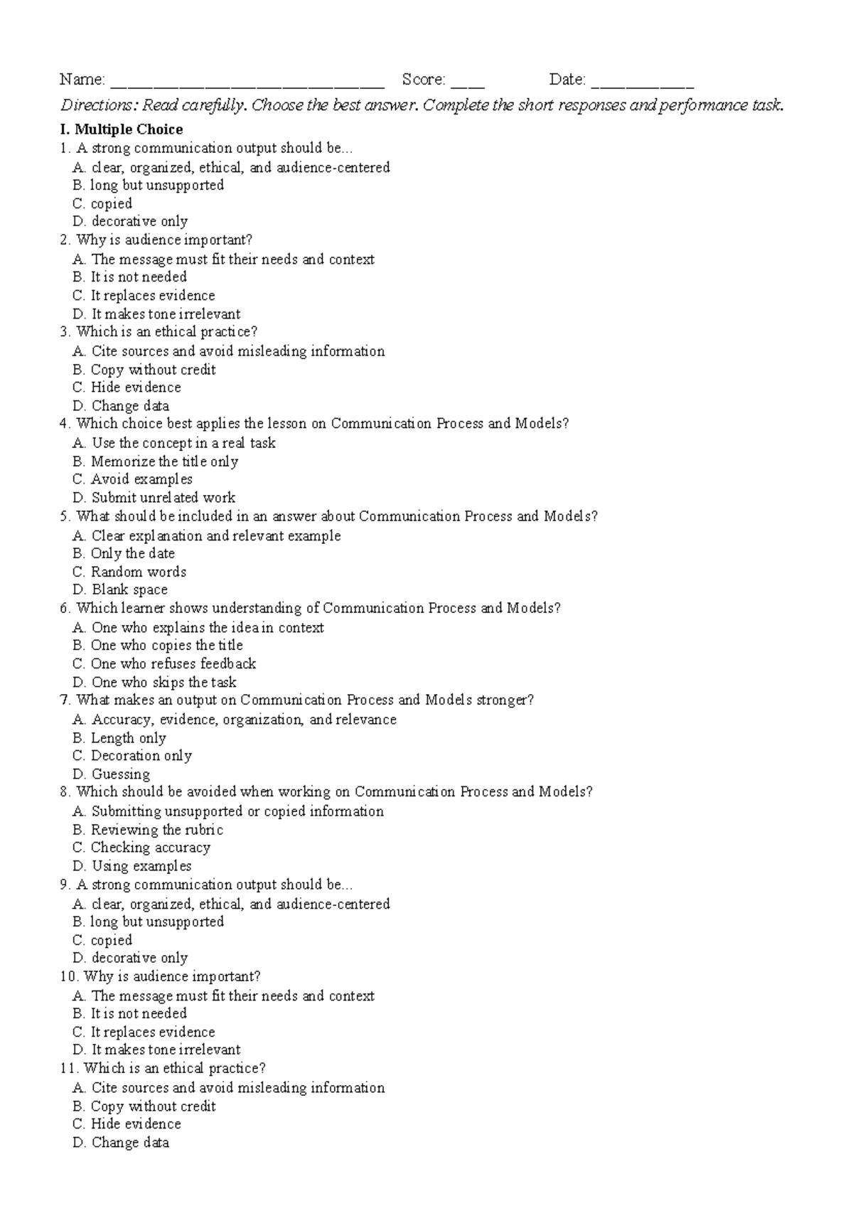 Effective Communication: Quiz on Key Concepts and Practices - Studocu