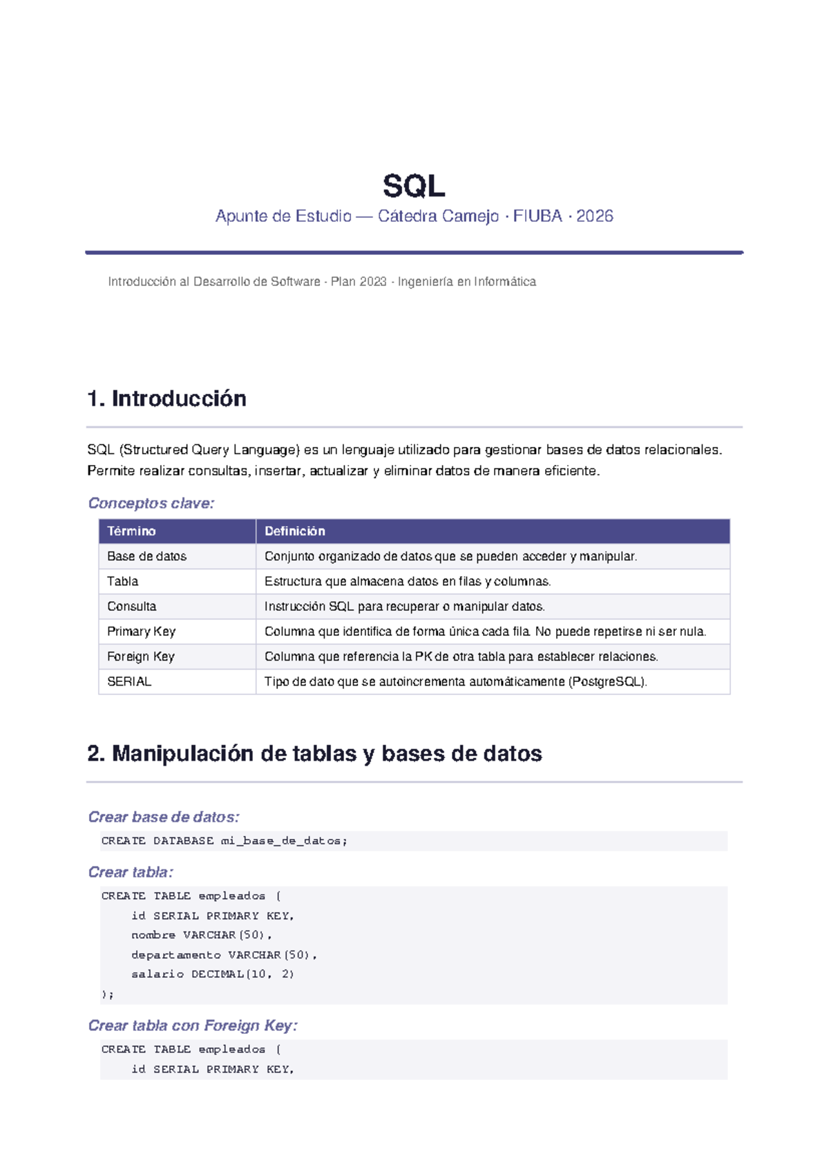 SQL Resumen de Estudio Cátedra Camejo FIUBA 2026 - Studocu