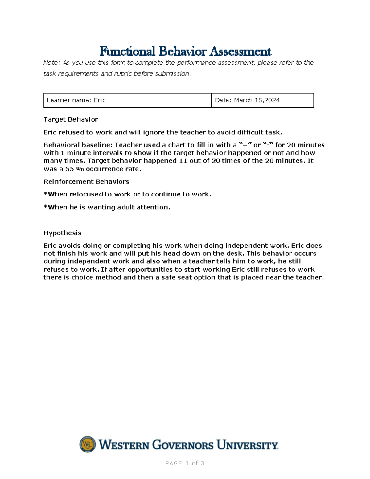 D001 Task 1 Final Submission: Functional Behavior Assessment & BIP ...
