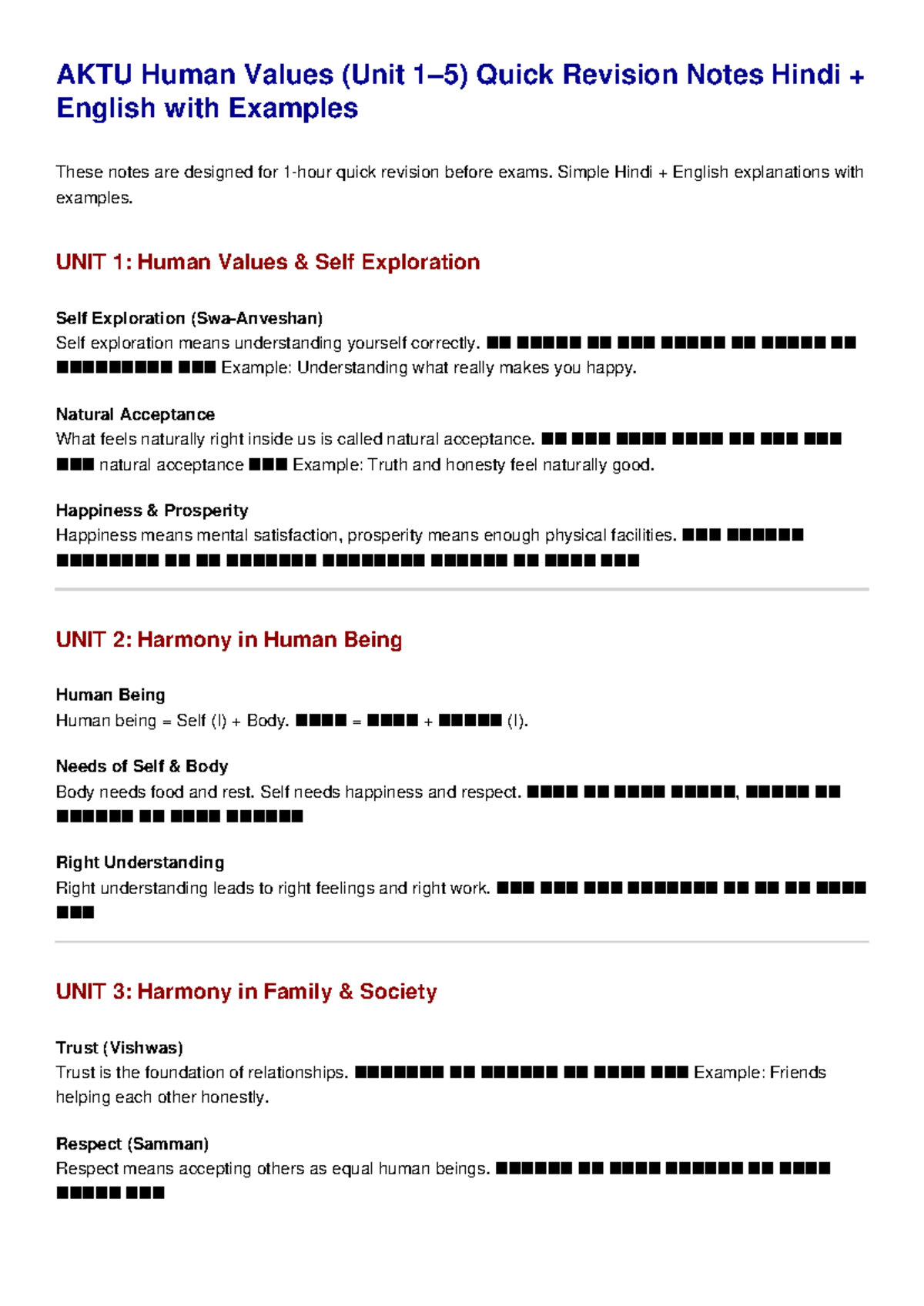 AKTU Human Values Unit Quick Revision Notes in Hindi & English - Studocu