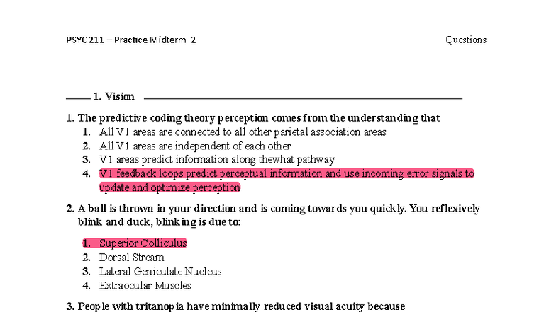 PSYC 211 Practice Midterm 2 - Vision and Sensory Systems Questions ...