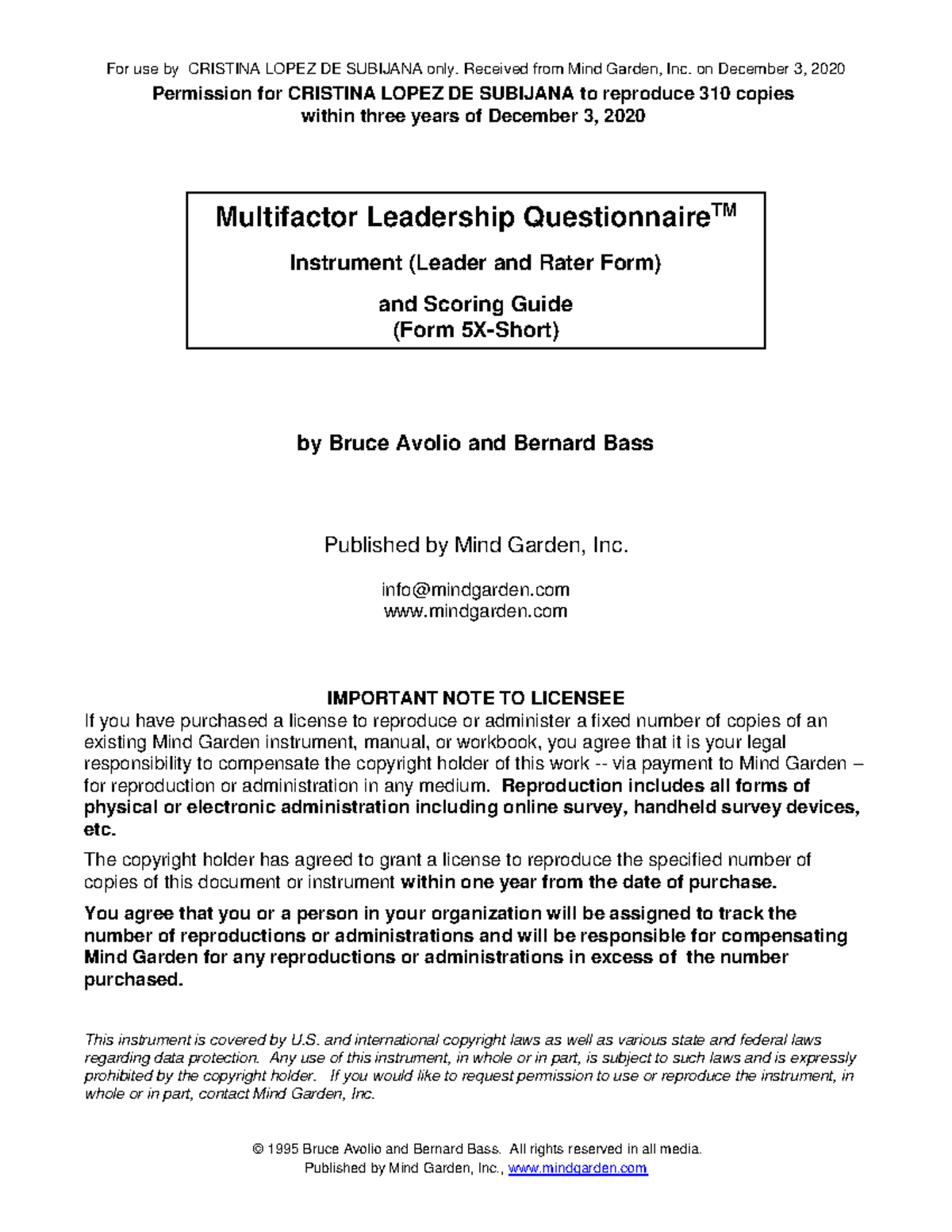 MLQ Multifactor Leadership Questionnaire - For Cristina Lopez De ...