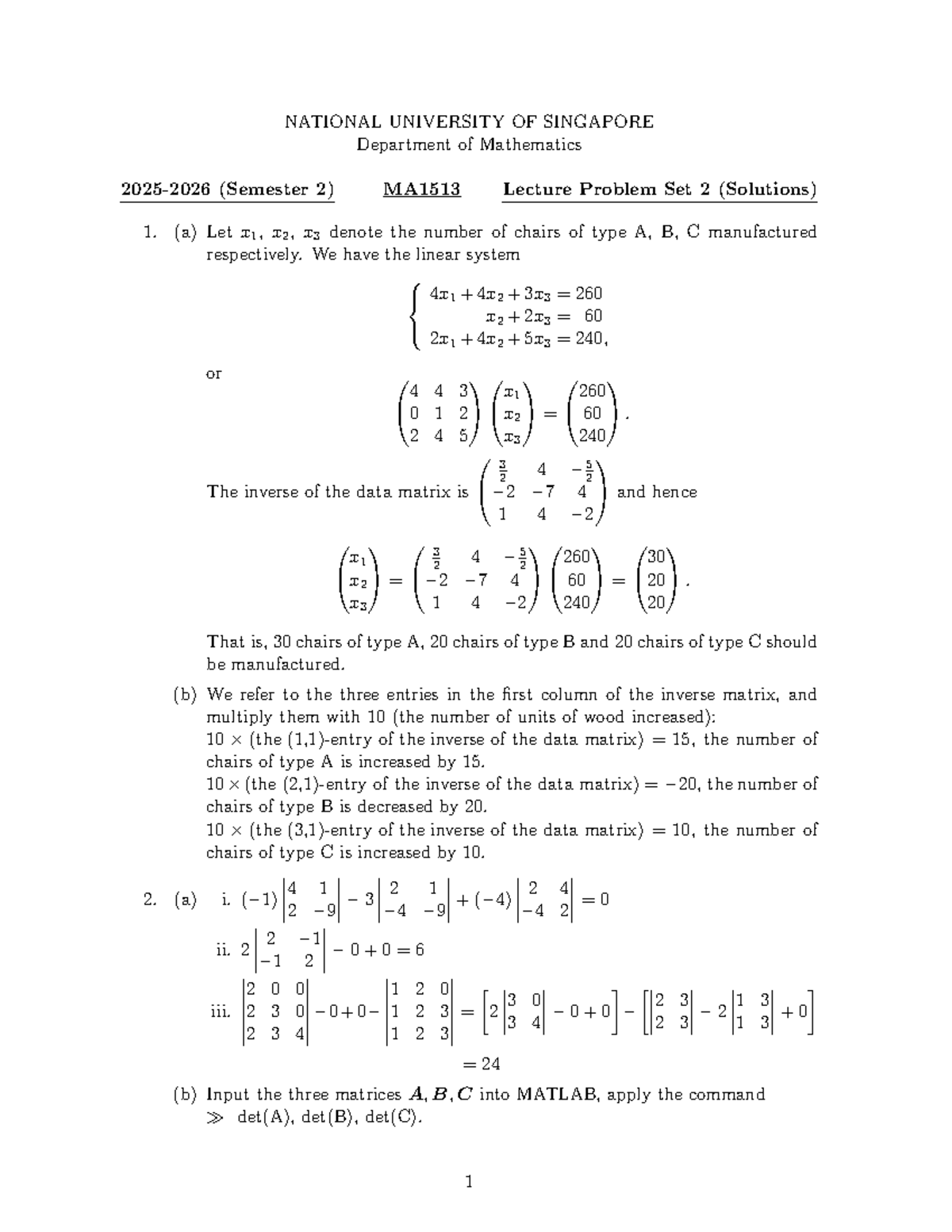 MA1513 Lecture Problem Set 2 Solutions: Linear Systems and Matrices ...