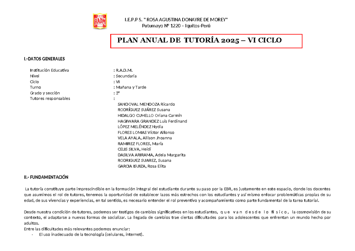 Plan Anual de Tutoría VI Ciclo - I.E.P.P S. Rosa Agustina Donayre 2025 - Document Preview