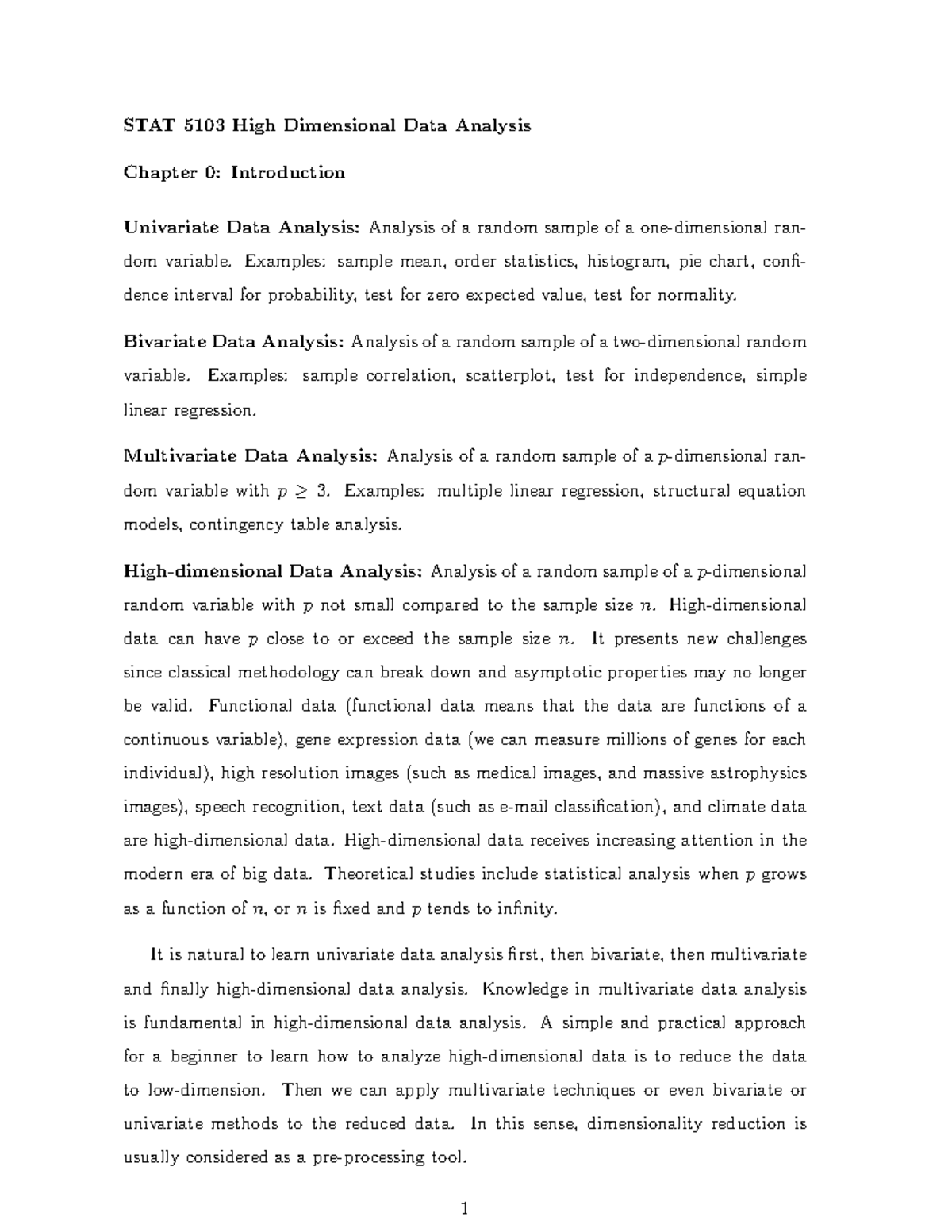 STAT 5103 Chapter 0: Intro to High Dimensional Data Analysis - Studocu