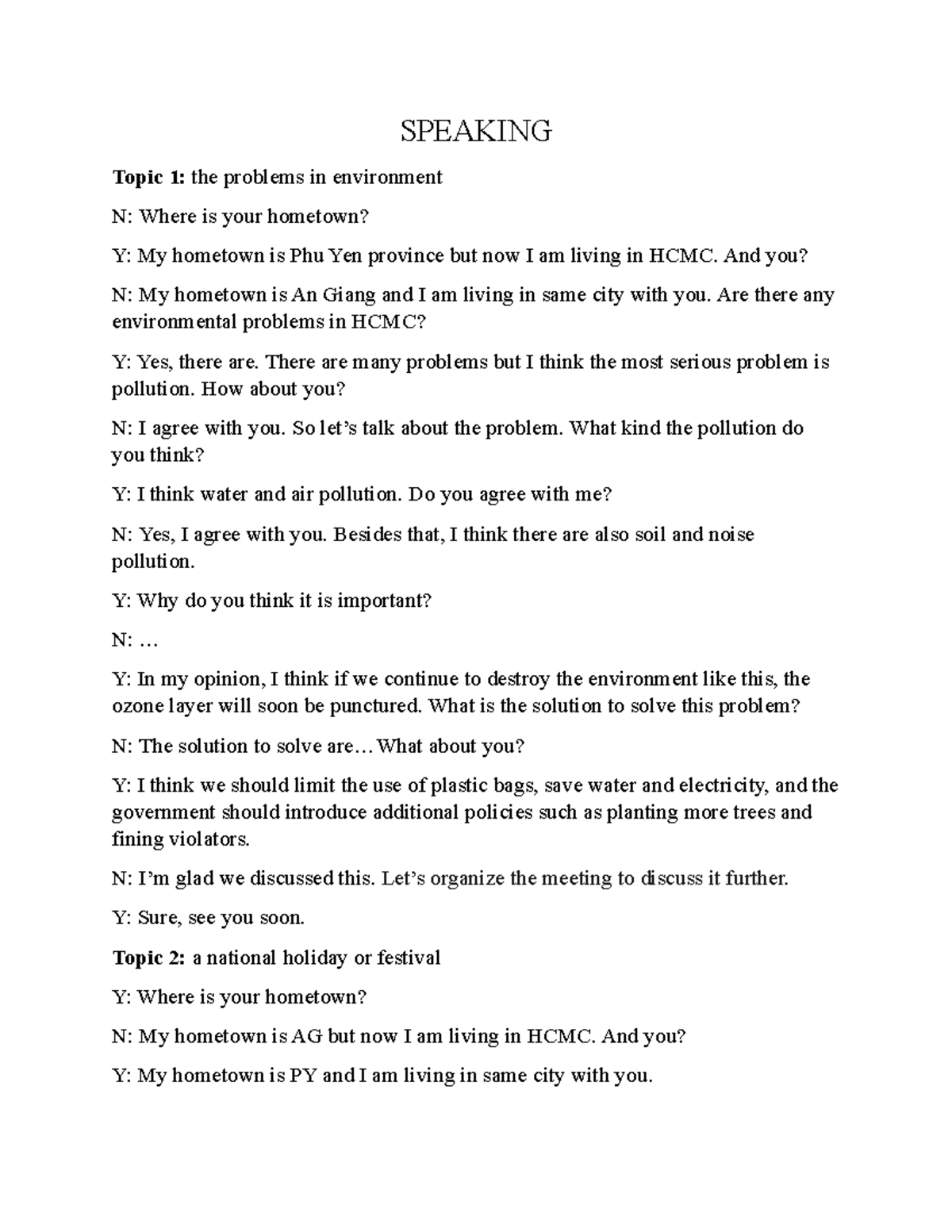Speaking Practice: Environmental Issues, Festivals, & Daily ...