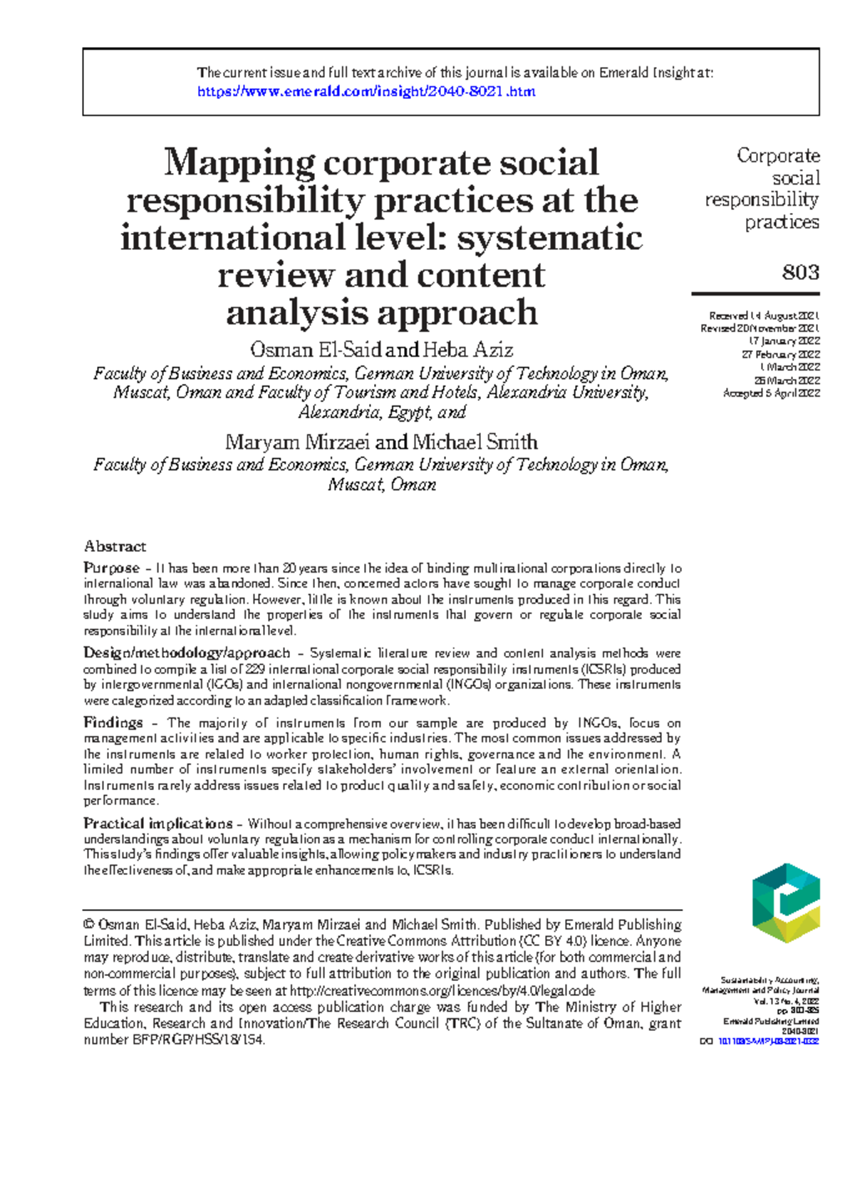 SAMPJ 13(4): Systematic Review of International CSR Instruments - Studocu