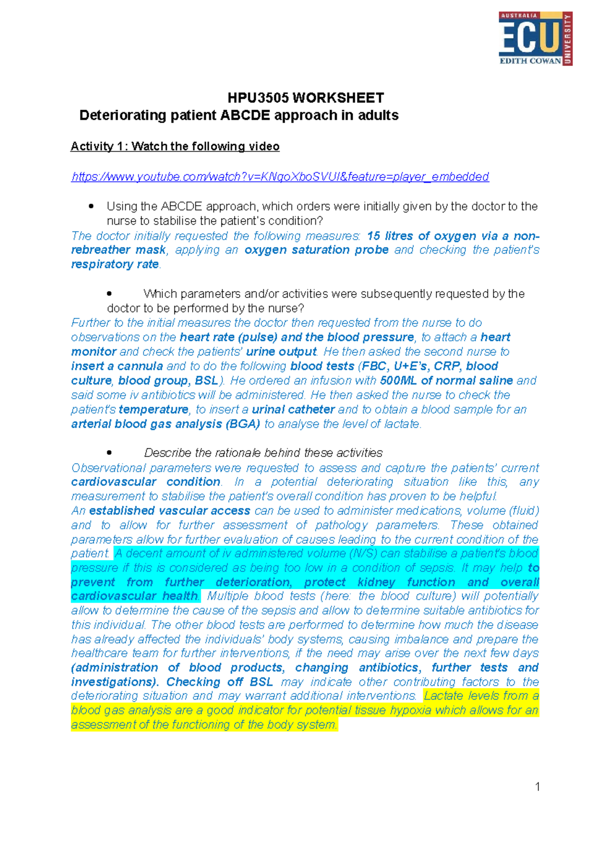 HPU3505 Worksheet: ABCDE Approach for Deteriorating Patient Care - Studocu