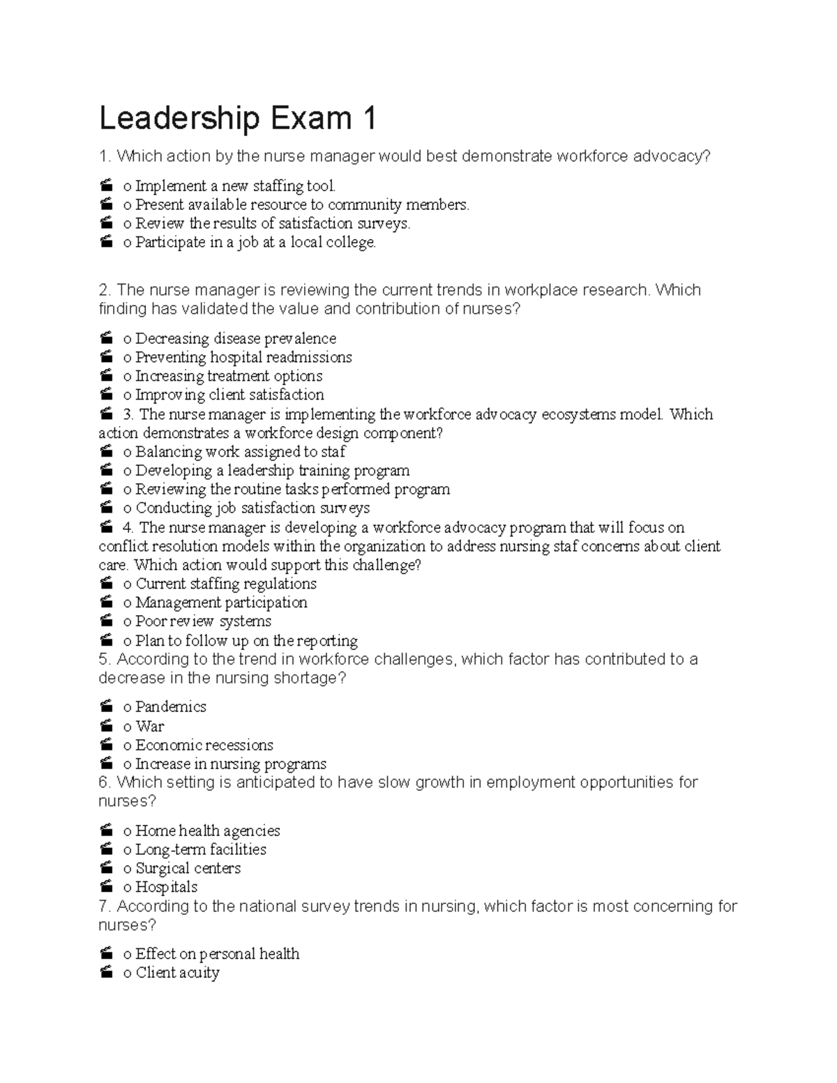 Leadership Exam 1 - Nursing Management Concepts (Course Code: NURS 201 ...