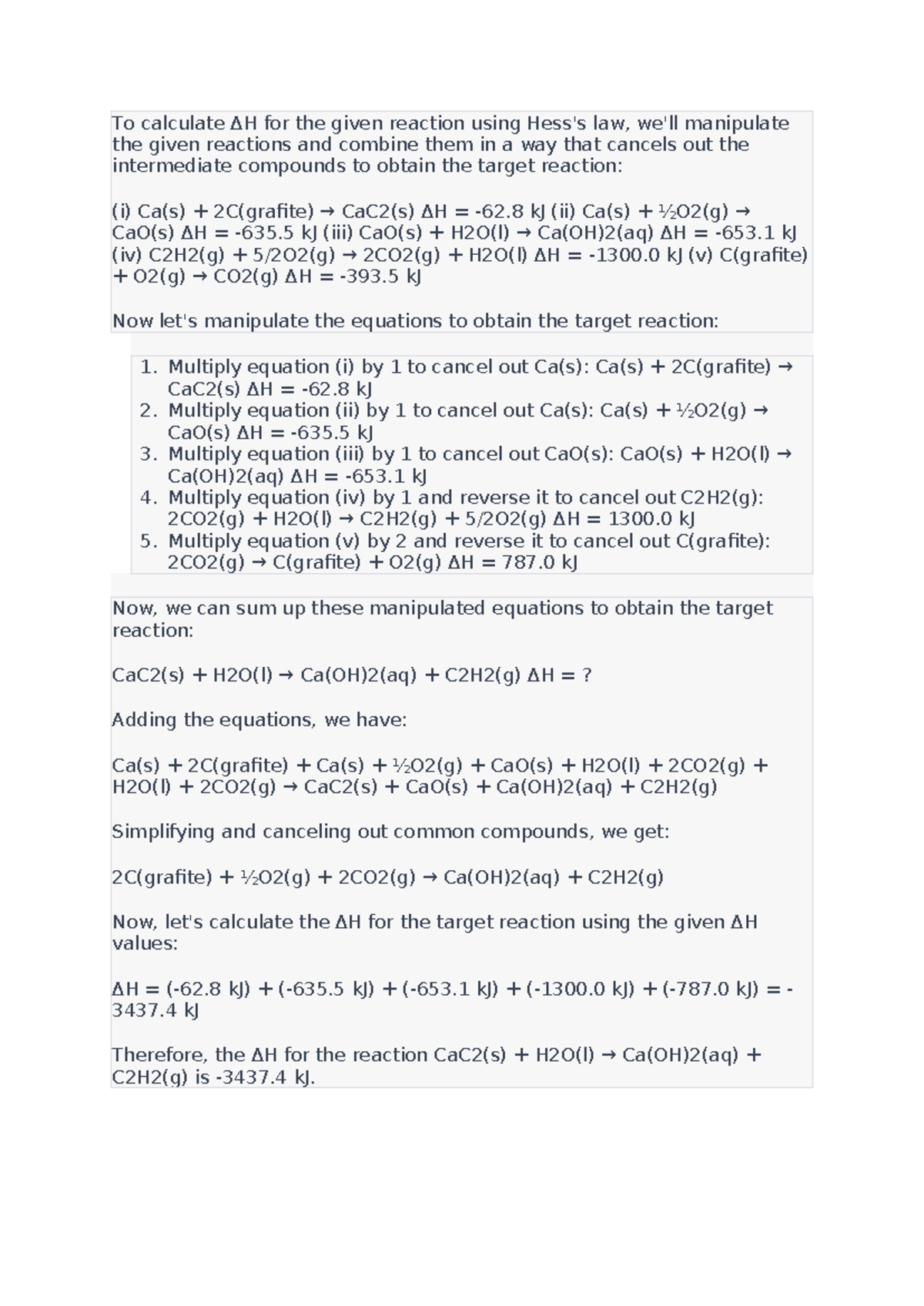 Chemie ΔH Calculation using Hess's Law: Reaction Summary - Studocu