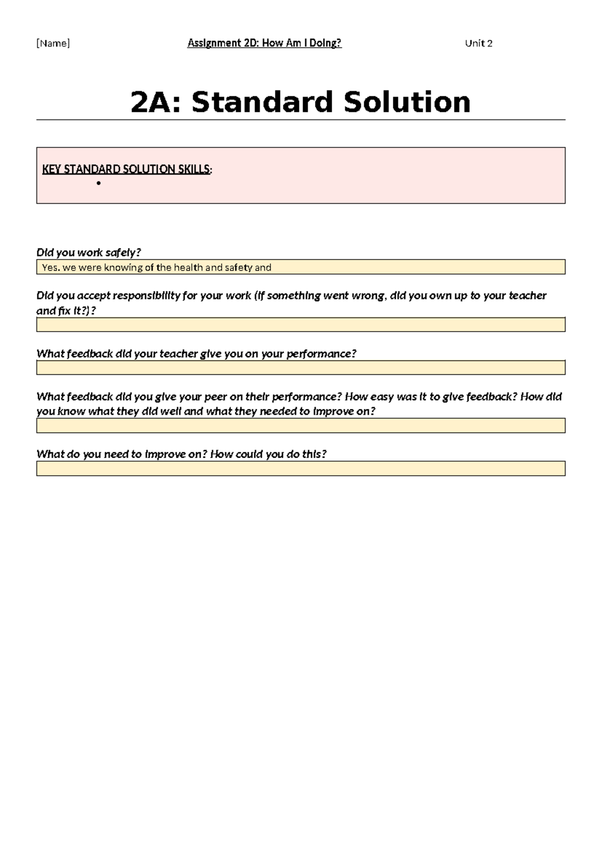 Assignment 2D: Self-Assessment & Skills Evaluation in Unit 2 - Studocu