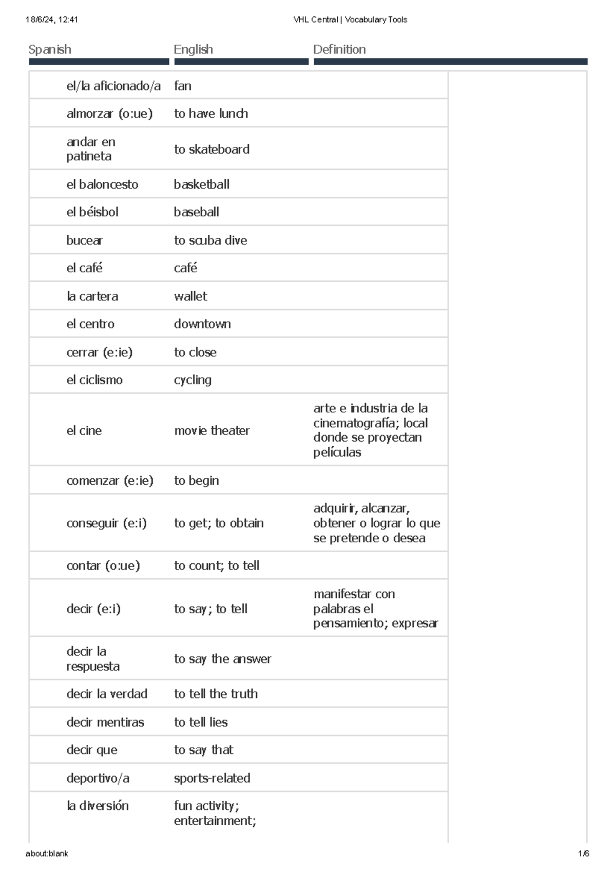 Spanish VHL Central Vocabulary: Leisure Activities &amp; Passions Guide ...