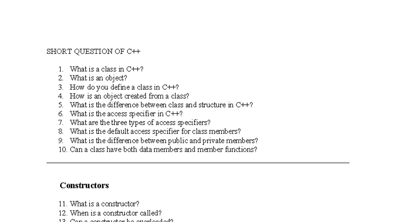 C++ Short Questions: Classes, Objects, Constructors & Inheritance - Studocu