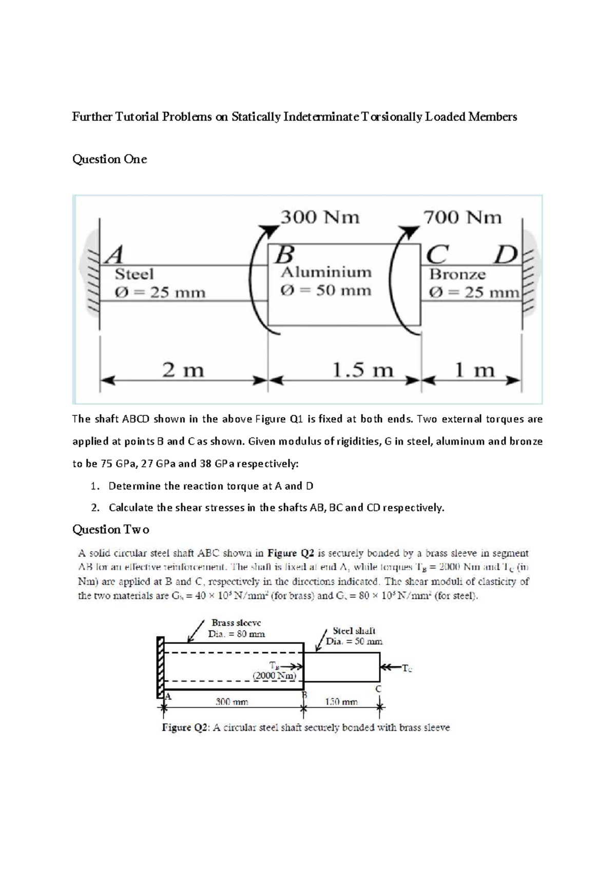 Further tutorial problems on statically indeterminate torsionally ...
