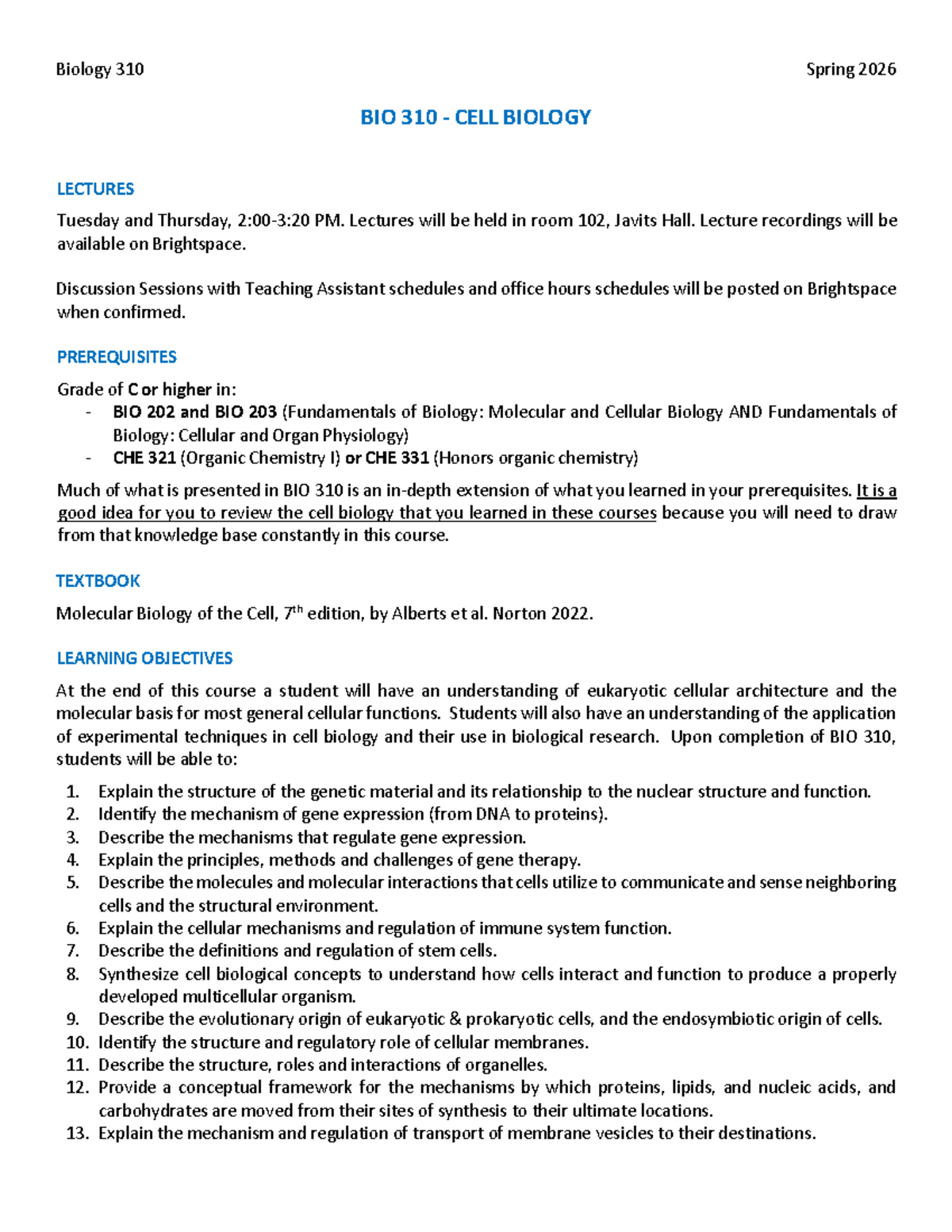 BIO 310 Spring 2026 - Cell Biology Lecture Syllabus - Studocu