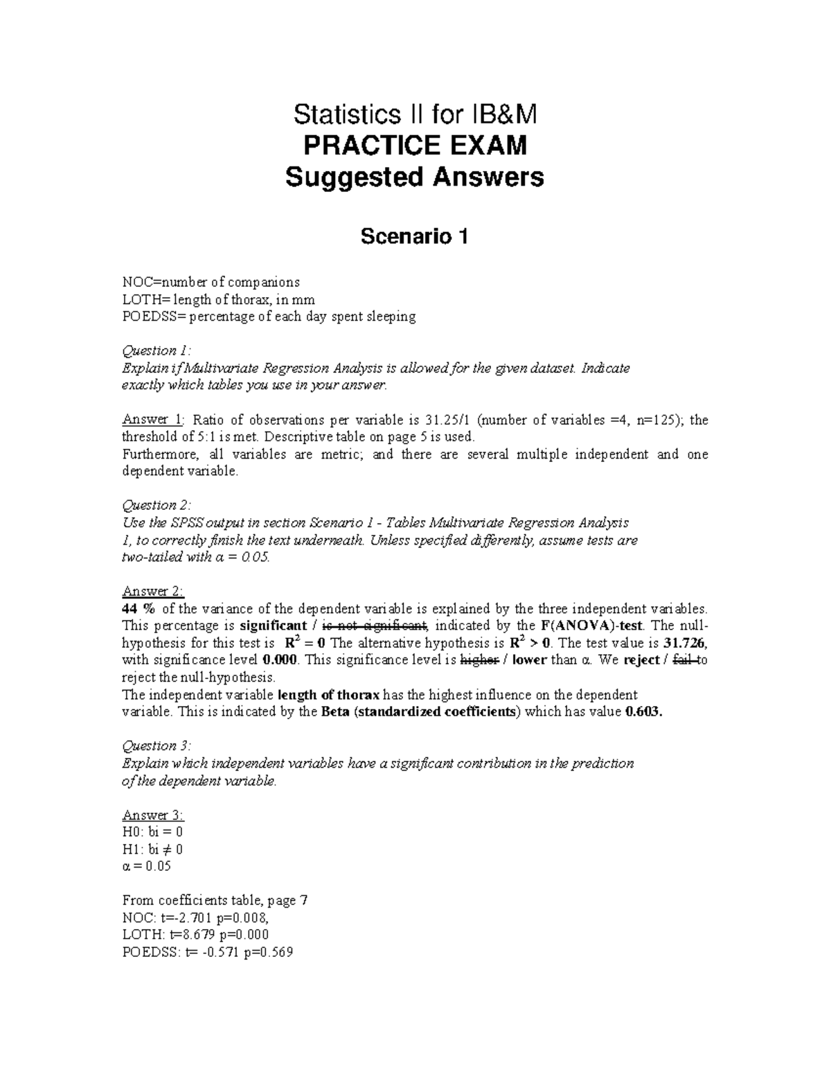 Statistics II Practice Exam: Suggested Answers and Analysis - Studeersnel
