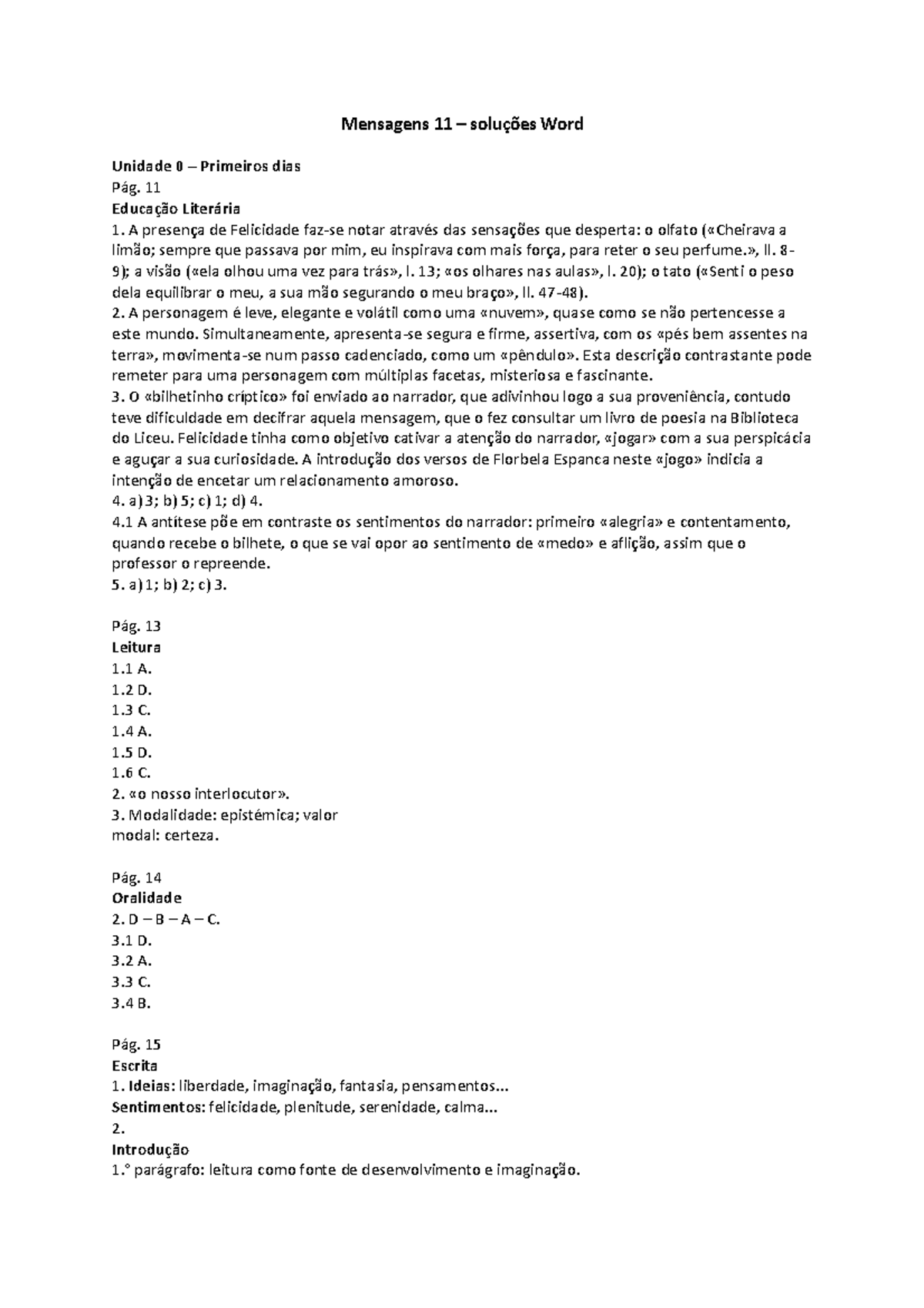 Soluções das Atividades do Manual Word - Educação Literária (Unidade 0) - Document Preview