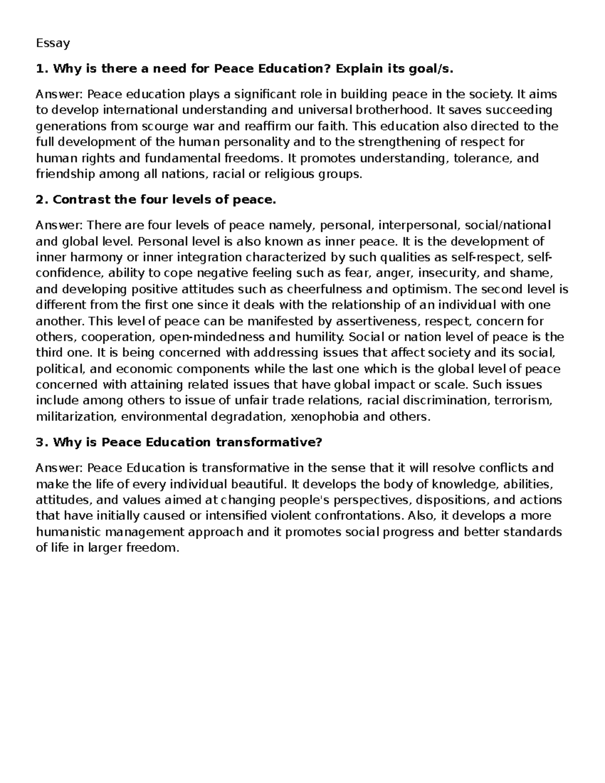 Essay on Peace Education: Goals and Transformative Levels - Studocu