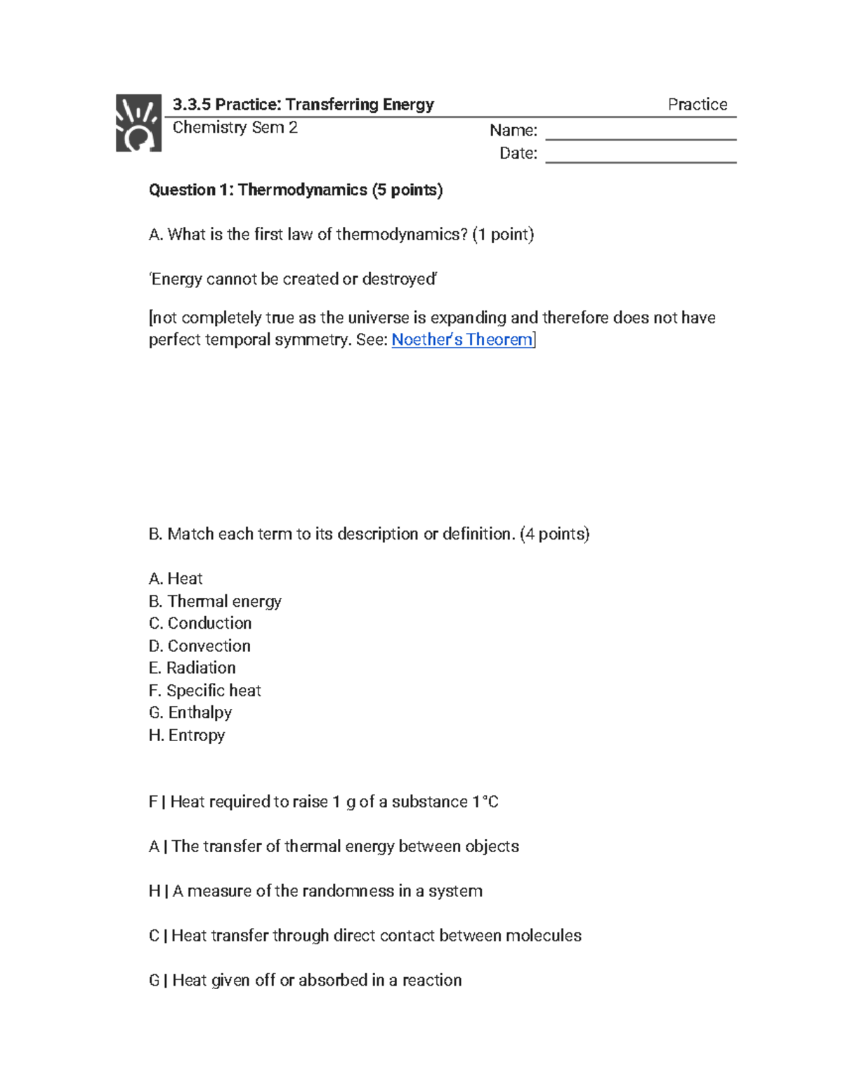 Chemistry Sem 2: 3.3.5 Practice on Energy Transfer Concepts - Studocu
