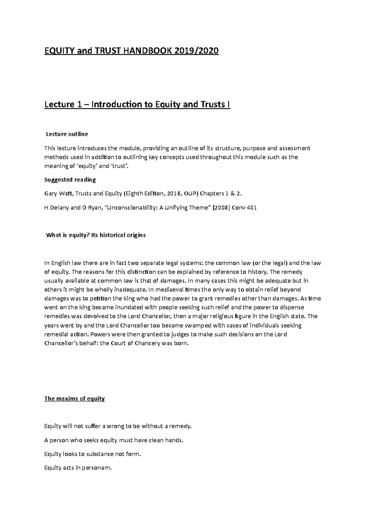 Equity and Trusts Lecture Series (1-24) Overview and Key Concepts - Studocu