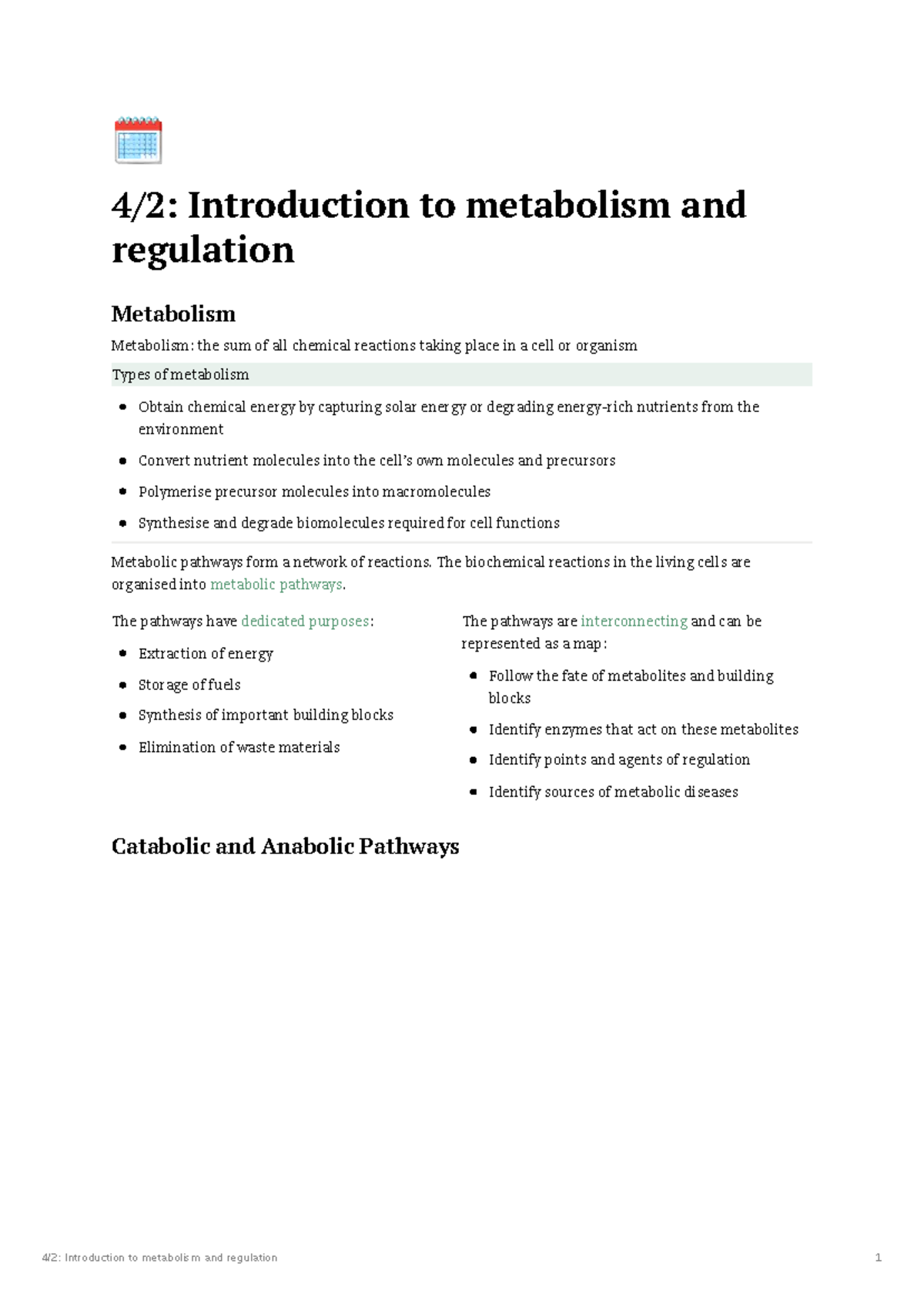 Metabolism and Regulation: Lecture 1 Overview - Studocu