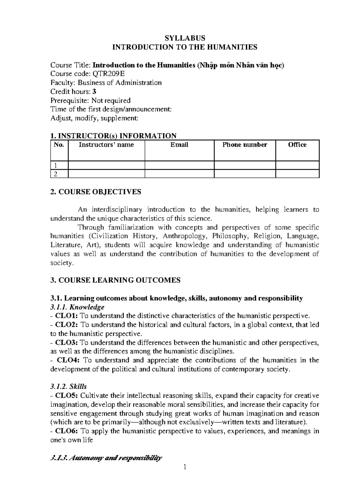 QTR209E: Syllabus for Introduction to the Humanities Course - Studocu