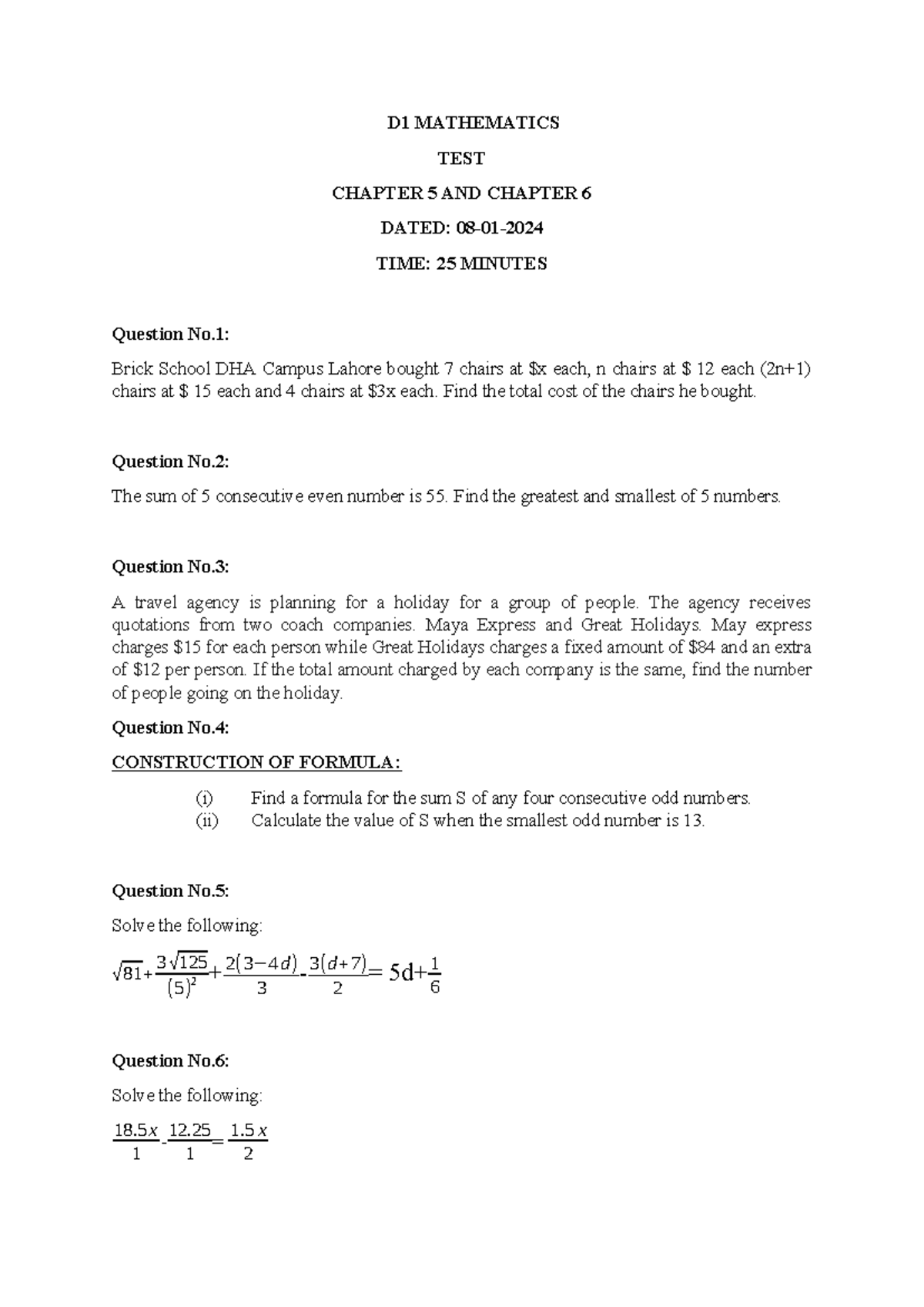 D1 Mathematics 08-01-2024 - D1 MATHEMATICS TEST CHAPTER 5 AND CHAPTER 6 ...
