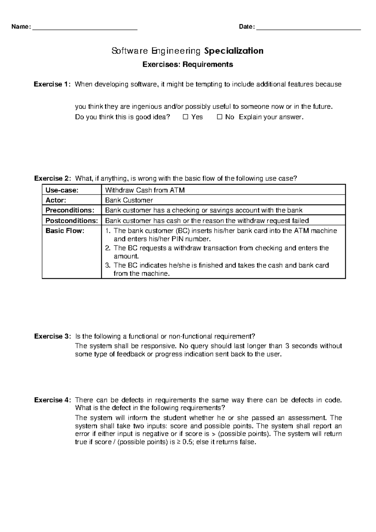 L10 Software Engineering Requirements Exercises Worksheet - Studocu