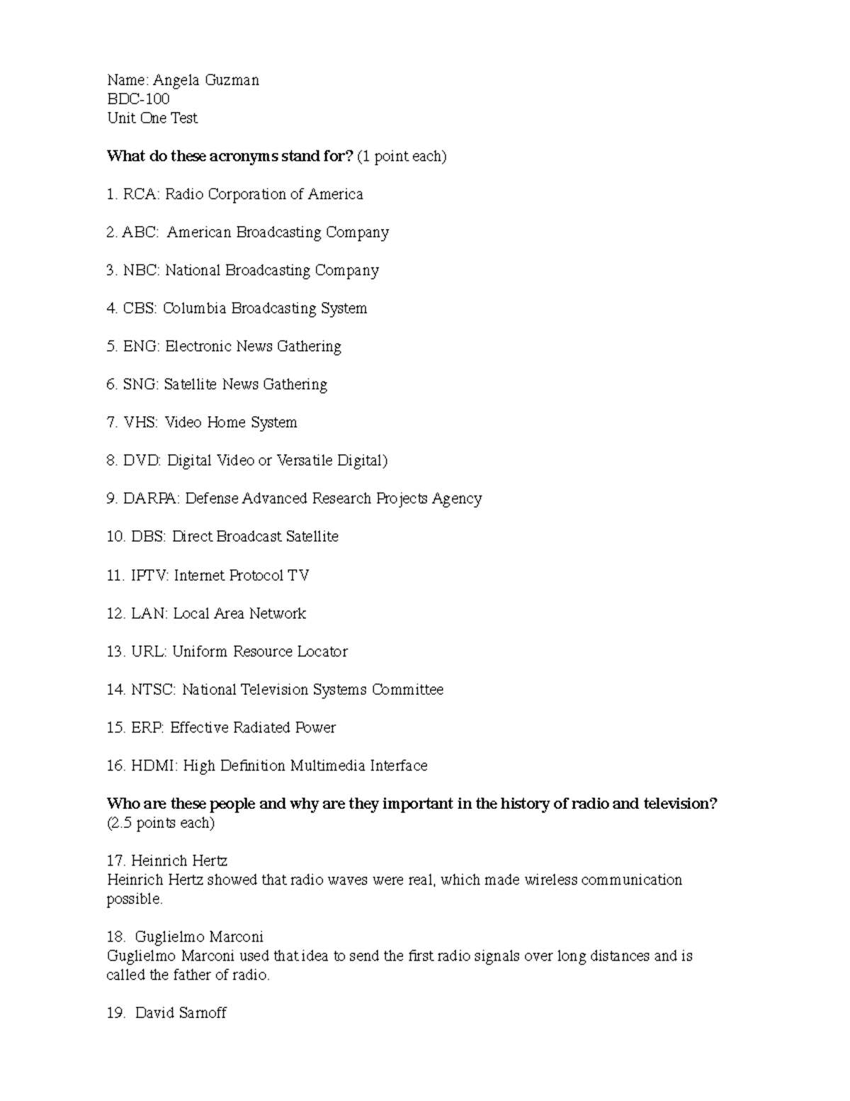 BDC-100 BB Unit 1 Test: Acronyms and Key Figures in Broadcasting - Studocu