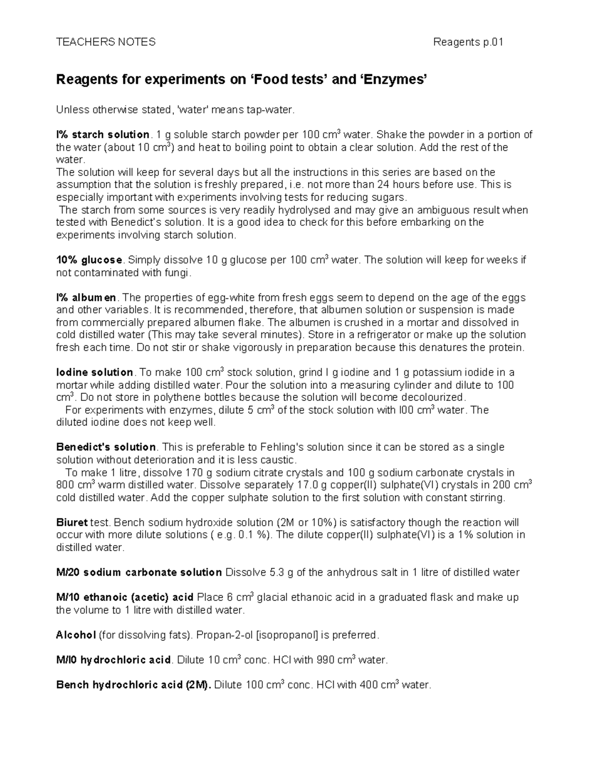 Reagents for Food Tests & Enzymes: Teacher's Notes (Biology 101) - Studocu