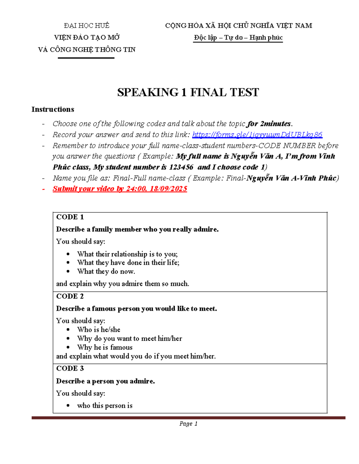 Speaking 1 Final Test - DAVAX: Instructions & Topics - Studocu