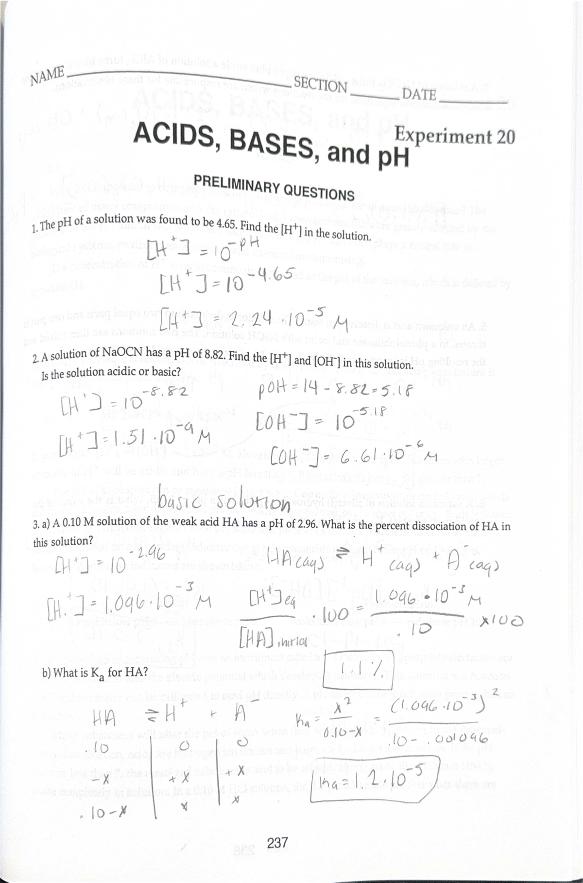 Preliminary Questions on Bases and pH Calculations (2021) - Studocu