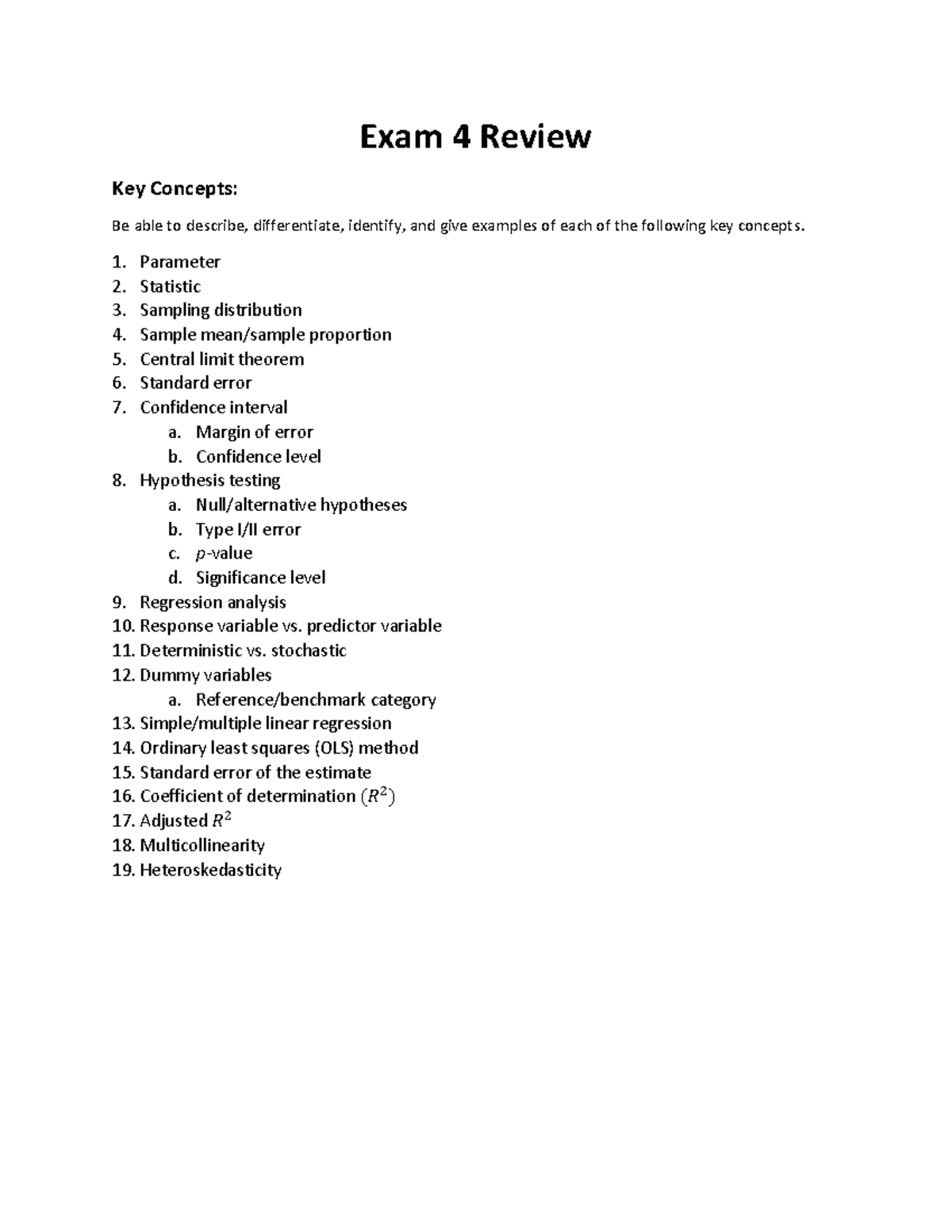 Exam 4 Review for Statistics (STAT 101): Key Concepts and Problems ...