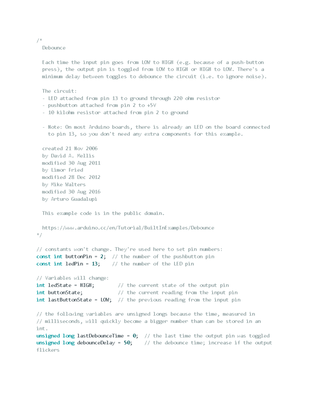 Debounce Circuit Example for Arduino: Button Control - Studocu