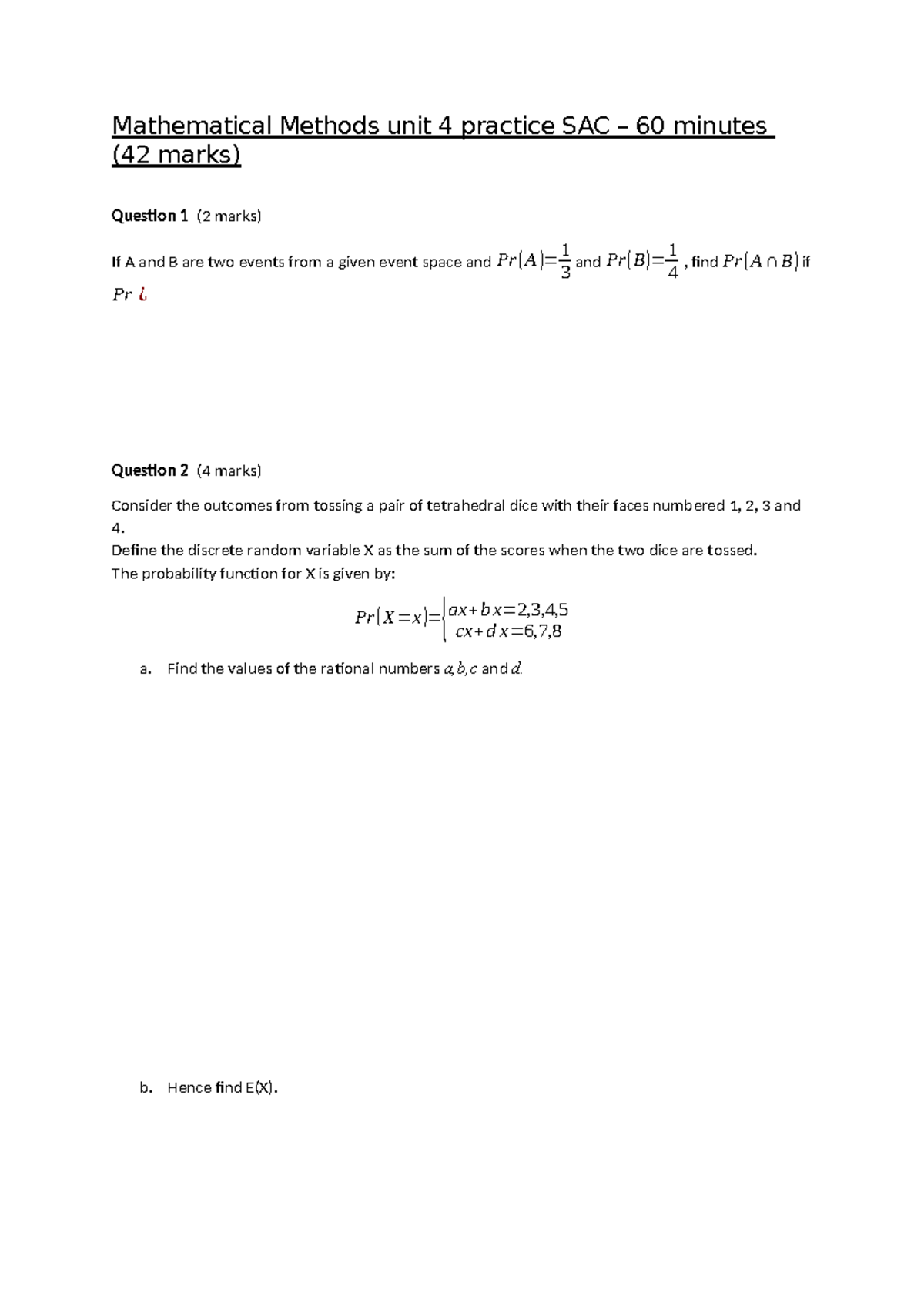 Mathematical Methods SAC 2 Practice Unit 4 Questions and Solutions ...