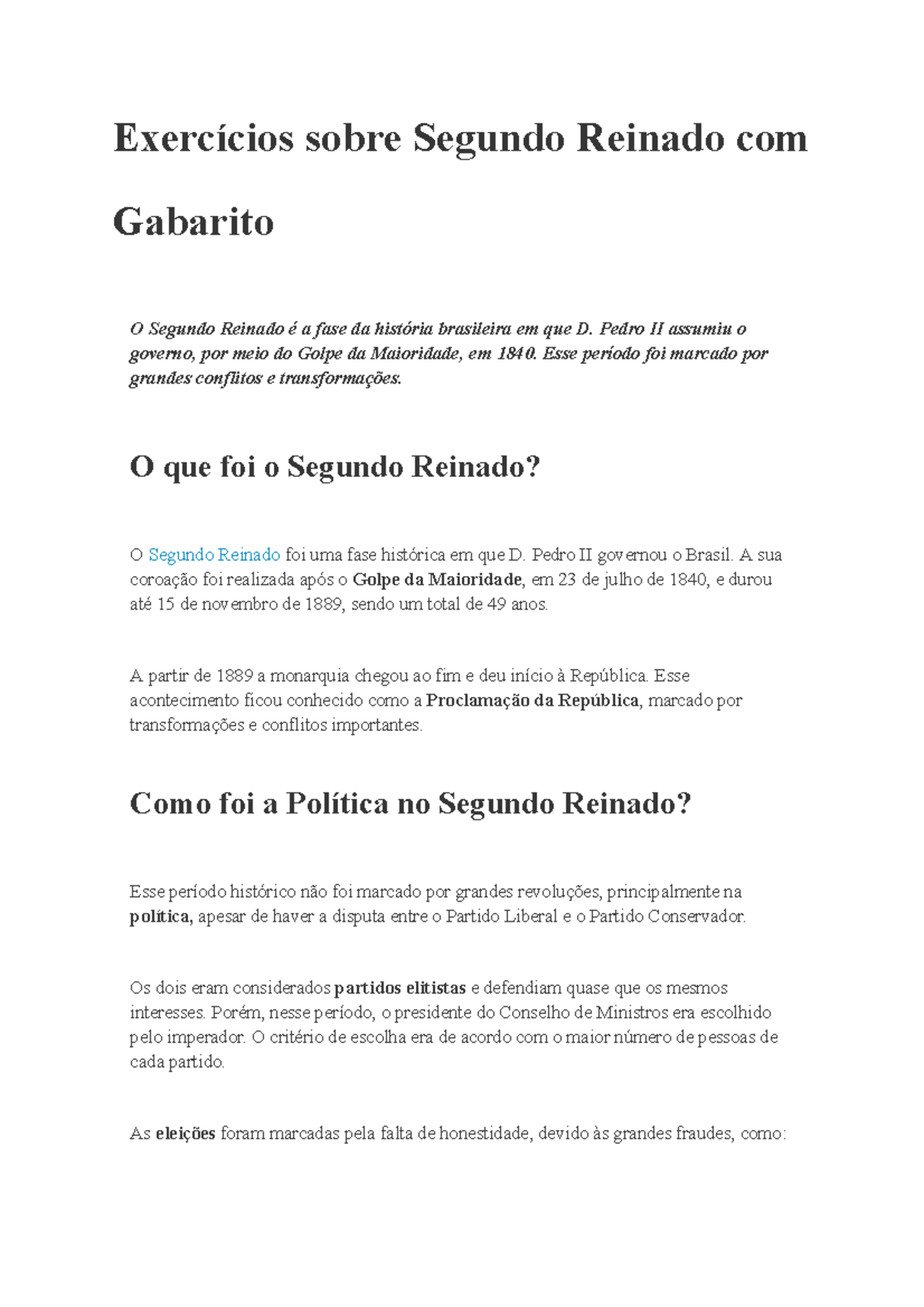 Exercícios com Gabarito sobre o Segundo Reinado - História Brasileira ...