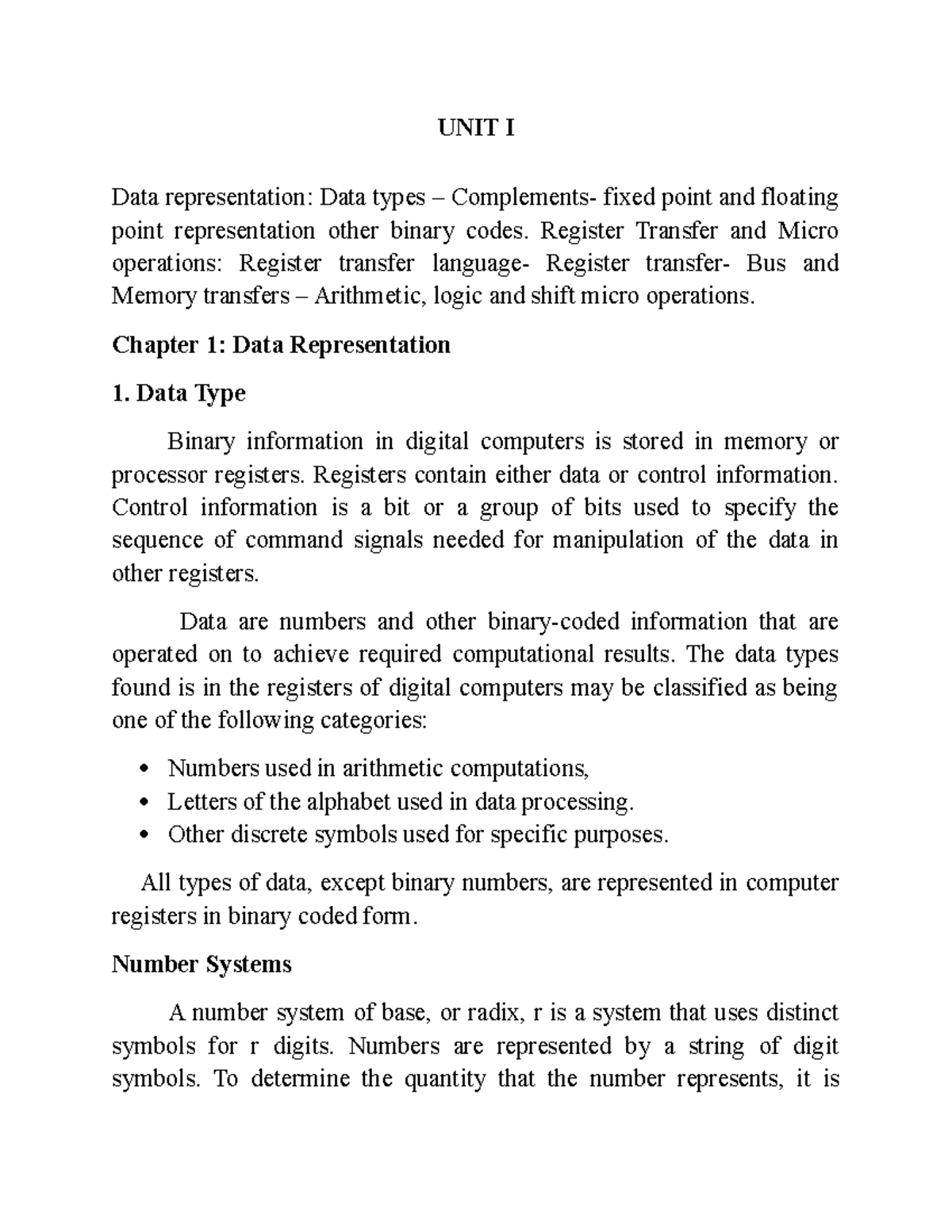UNIT 1 CO: Computer Organization Notes on Data Representation and ...