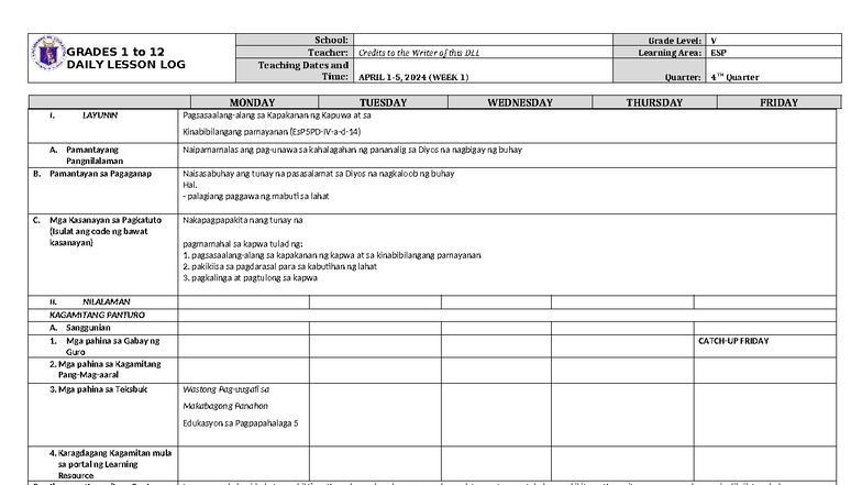 Grade 5 DLL: ESP Q4 Week 1 Daily Lesson Log - Studocu