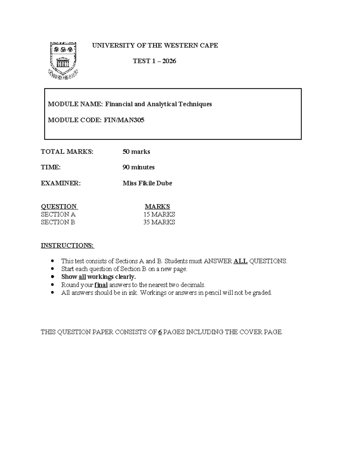 FIN305 Test 1 2026 - Financial & Analytical Techniques Questions - Studocu