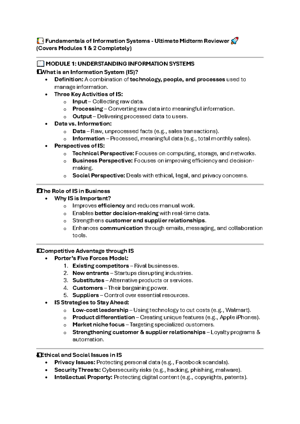 BSIS1 Information Systems - Comprehensive Midterm Review Guide - Studocu