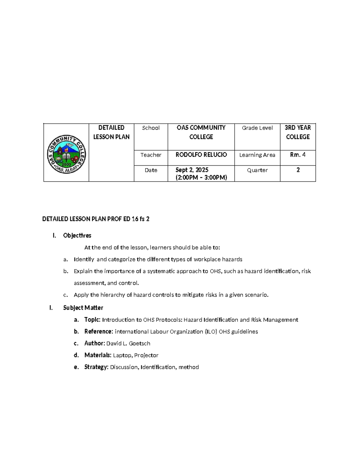 DETAILED LESSON PLAN: OHS Protocols & Hazard Management (PROF ED 16 ...
