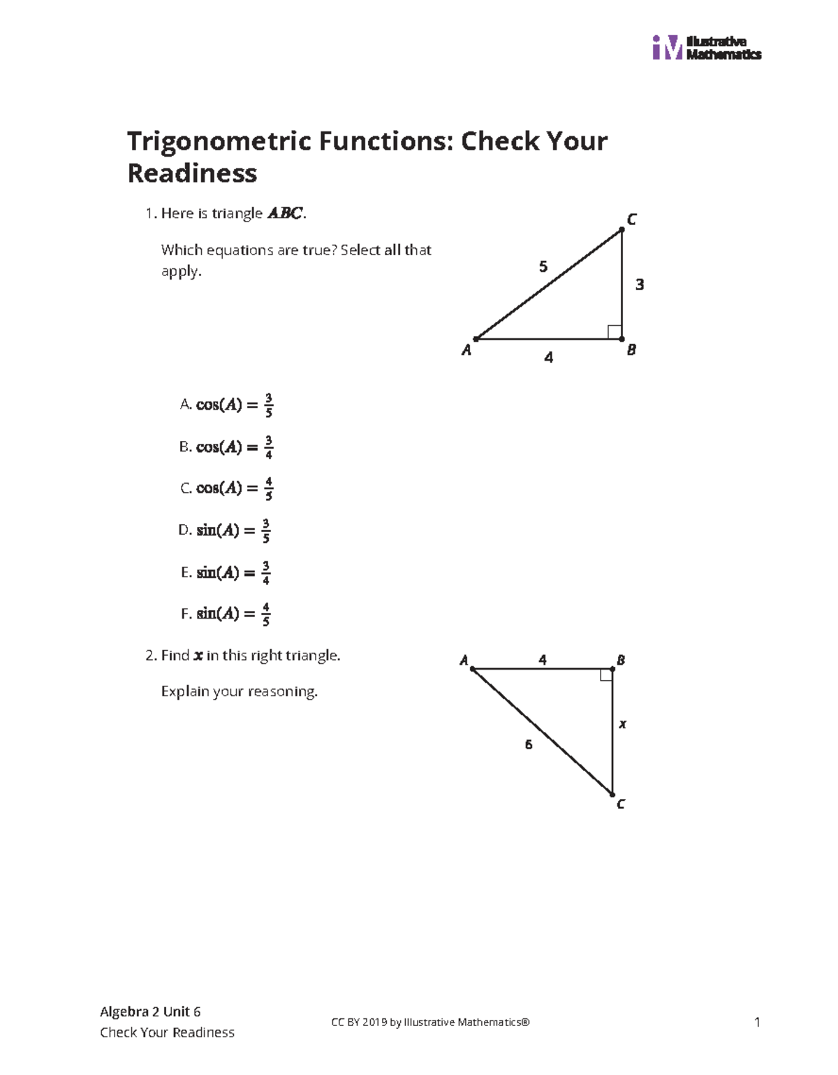 Algebra 2 Unit 6 Trigonometric Functions: Check Your Readiness ...