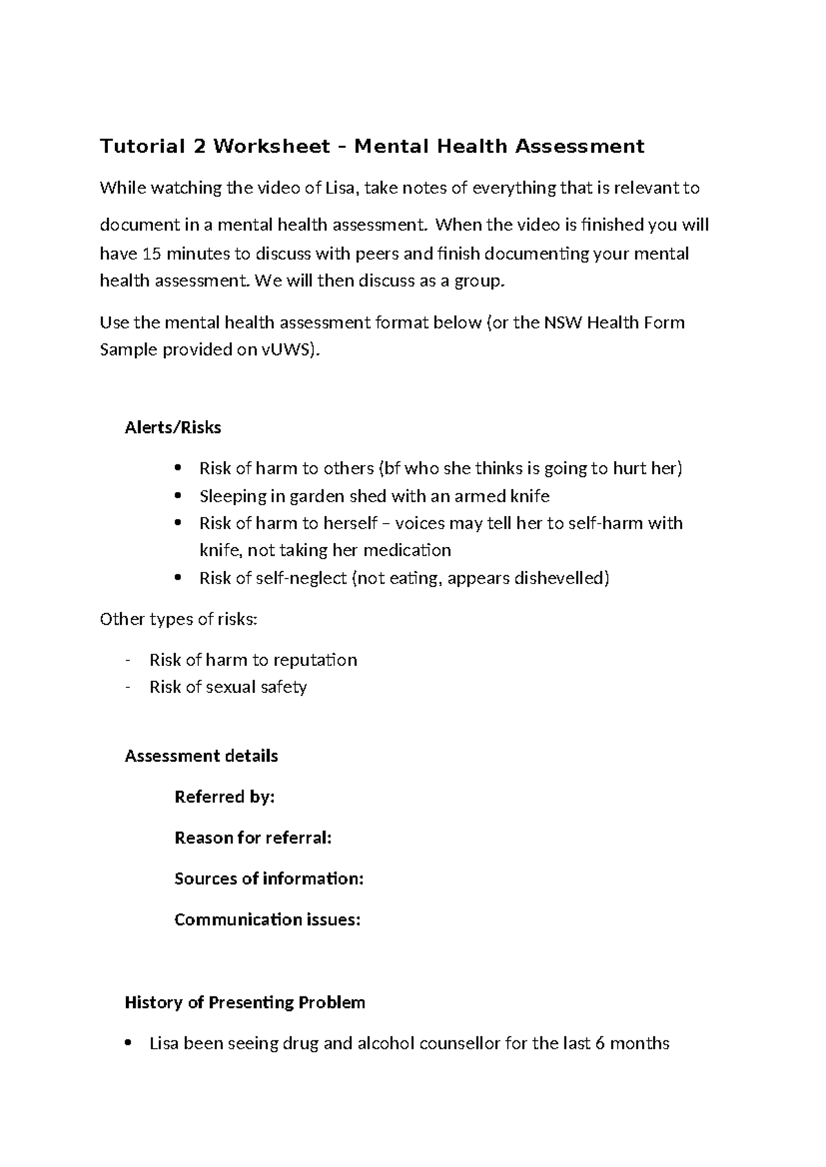 WK 2 - Tutorial 2 Mental Health Assessment Worksheet - Studocu