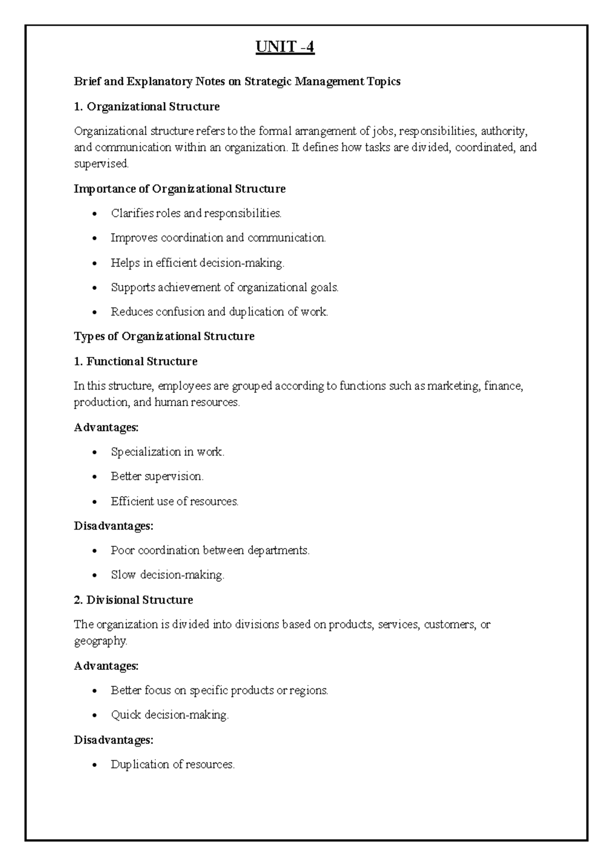 UNIT 4 Strategic Management Notes: Organizational Structure & Control ...