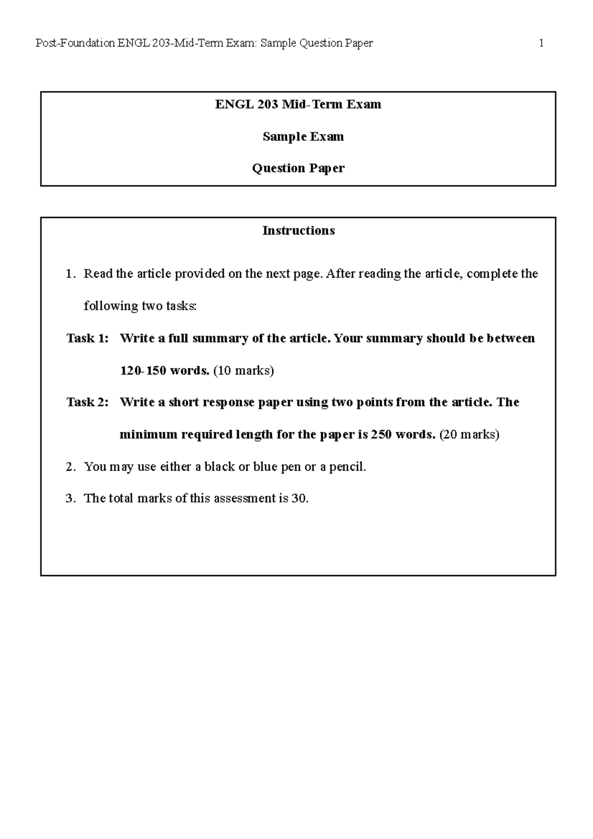 ENGL 203 Mid-Term Exam: Sample Question Paper & Instructions - Studocu