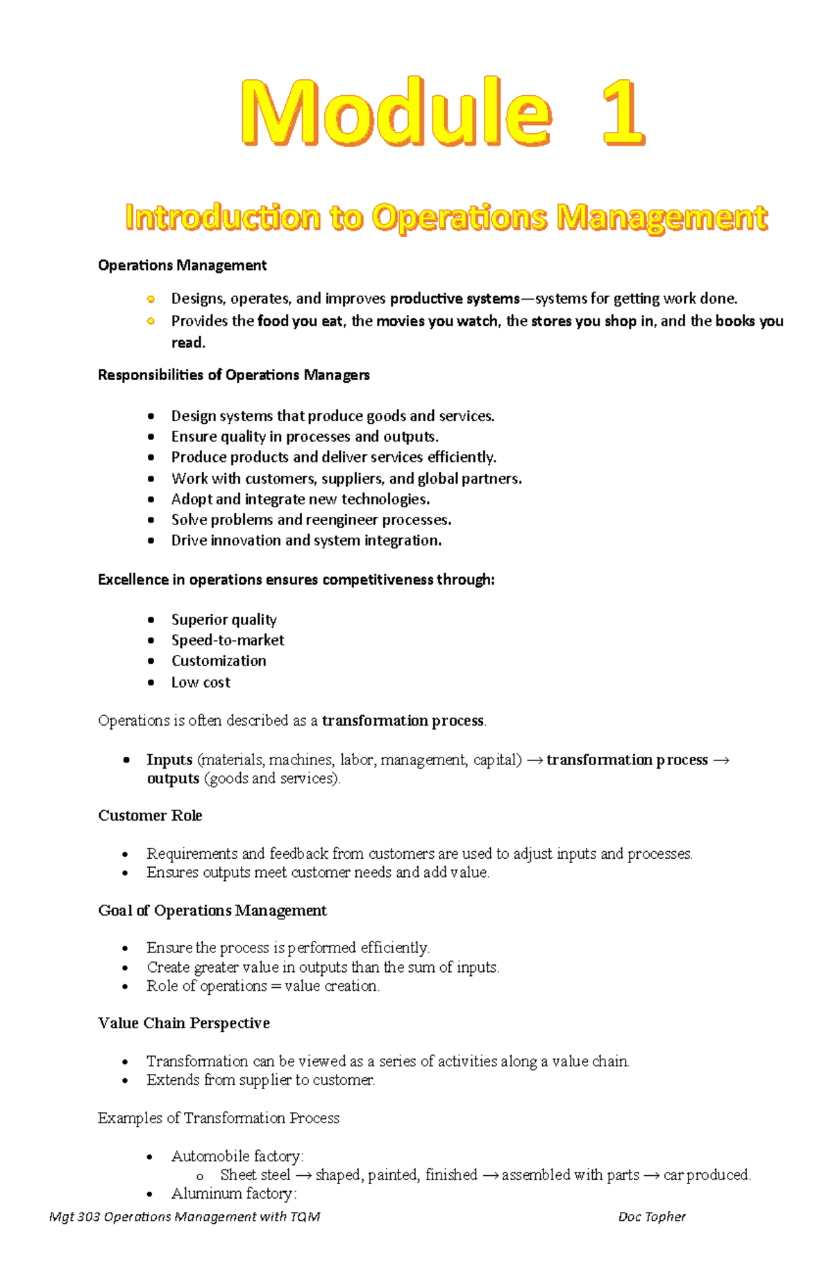MGT 303 Operations Management: Key Concepts and Evolution - Studocu