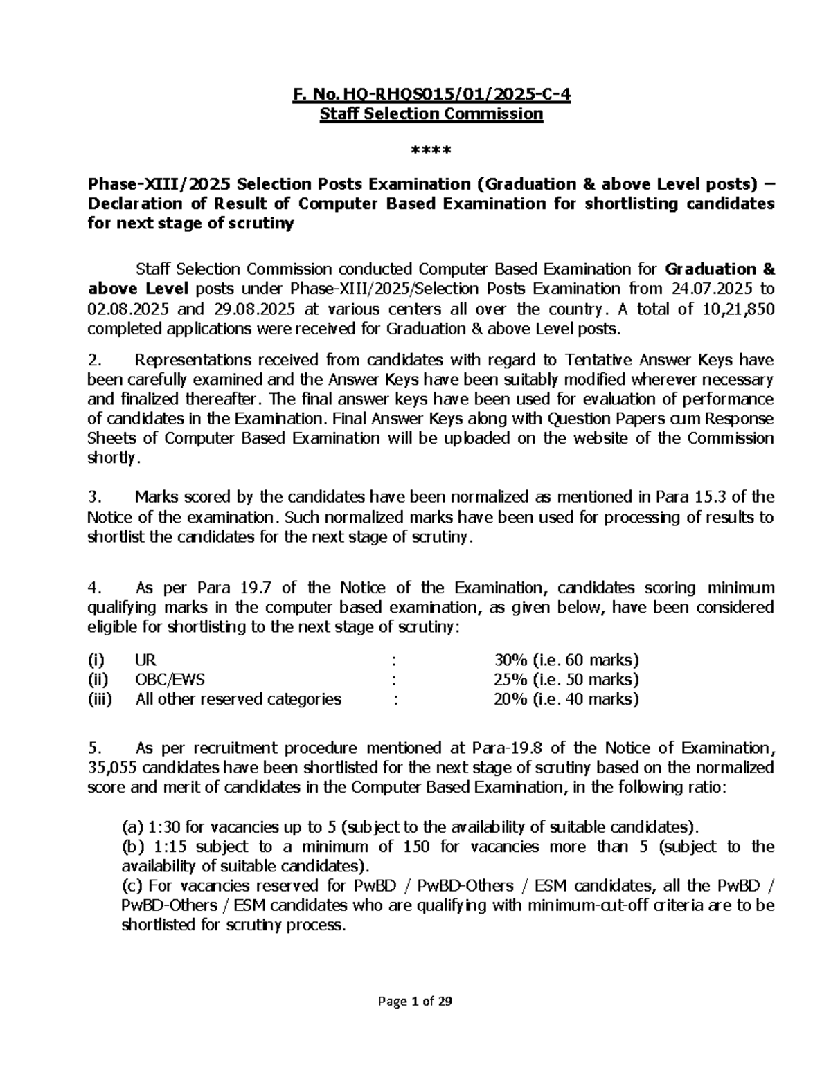 SSC Selection Posts Exam Result Declaration (Graduation Level) - Studocu